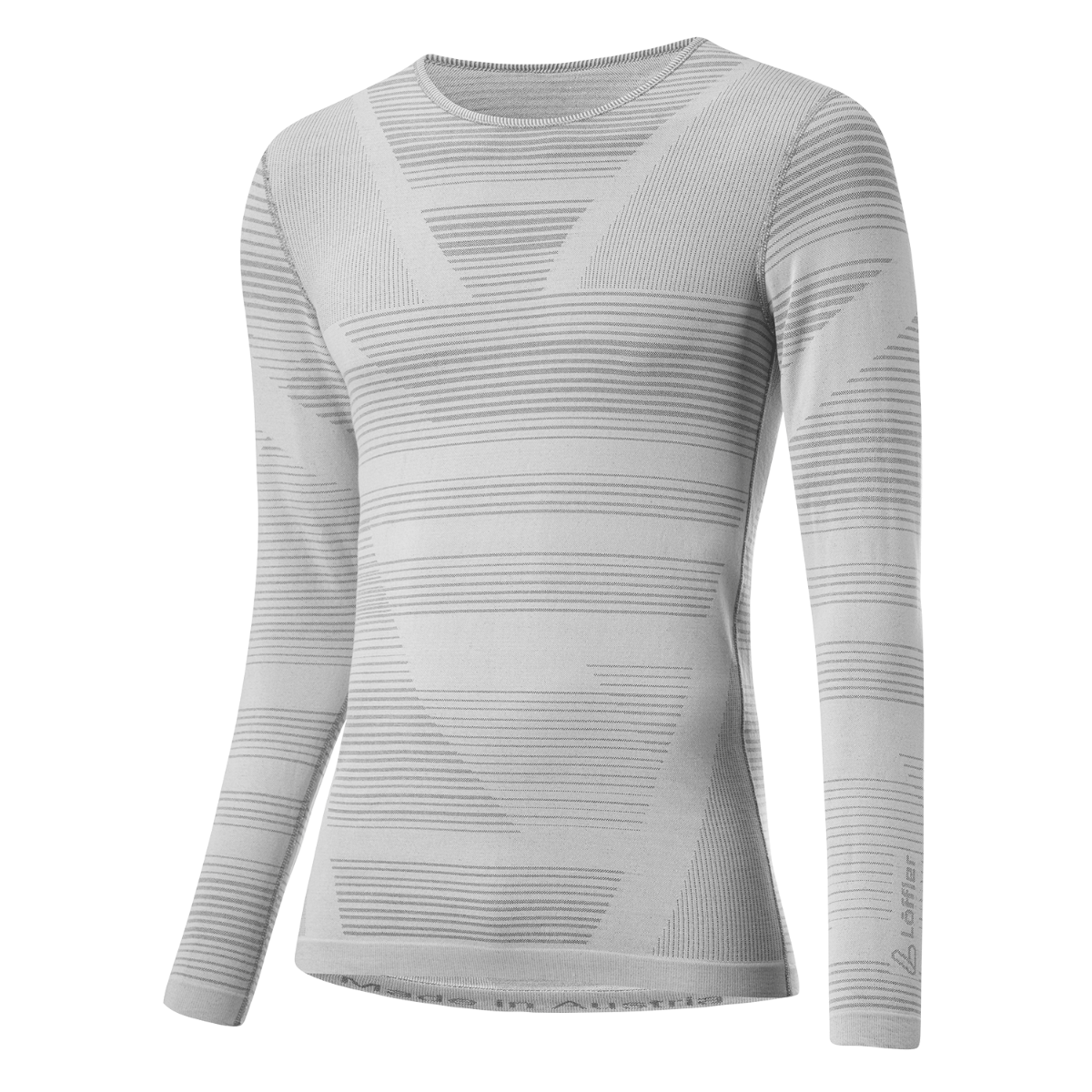 Ein weißes Langarmshirt mit grauem Streifenmuster und V-förmigen Akzenten.