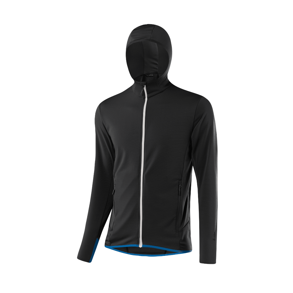 Schwarze Kapuzenjacke mit weißem Reißverschluss und blauen Akzenten am Saum.