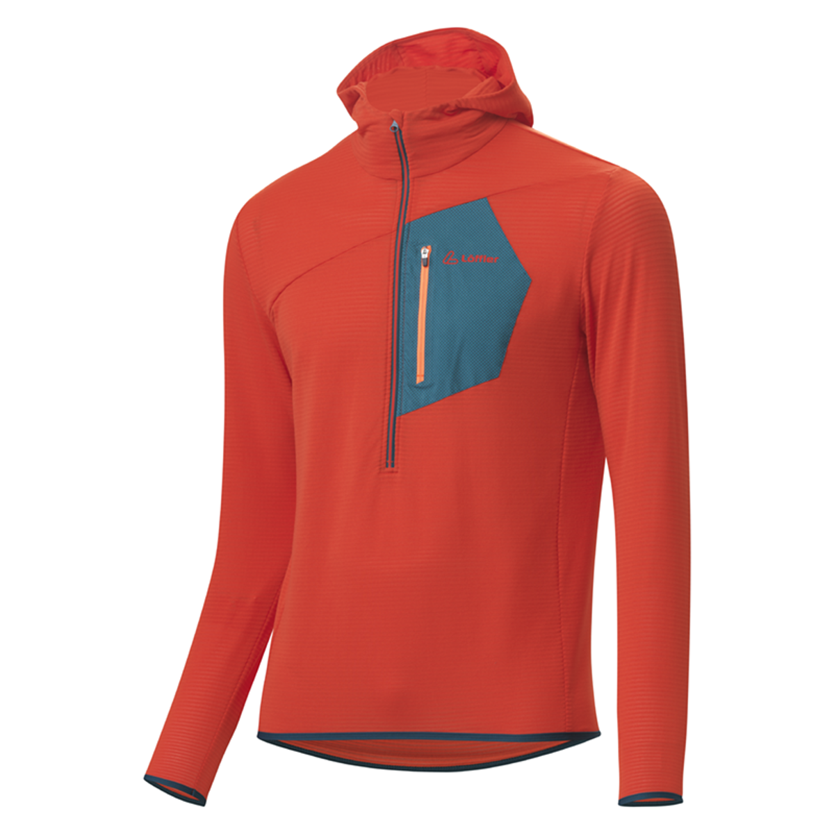 Roter Hoodie mit halbem Reißverschluss und blauer Tasche.