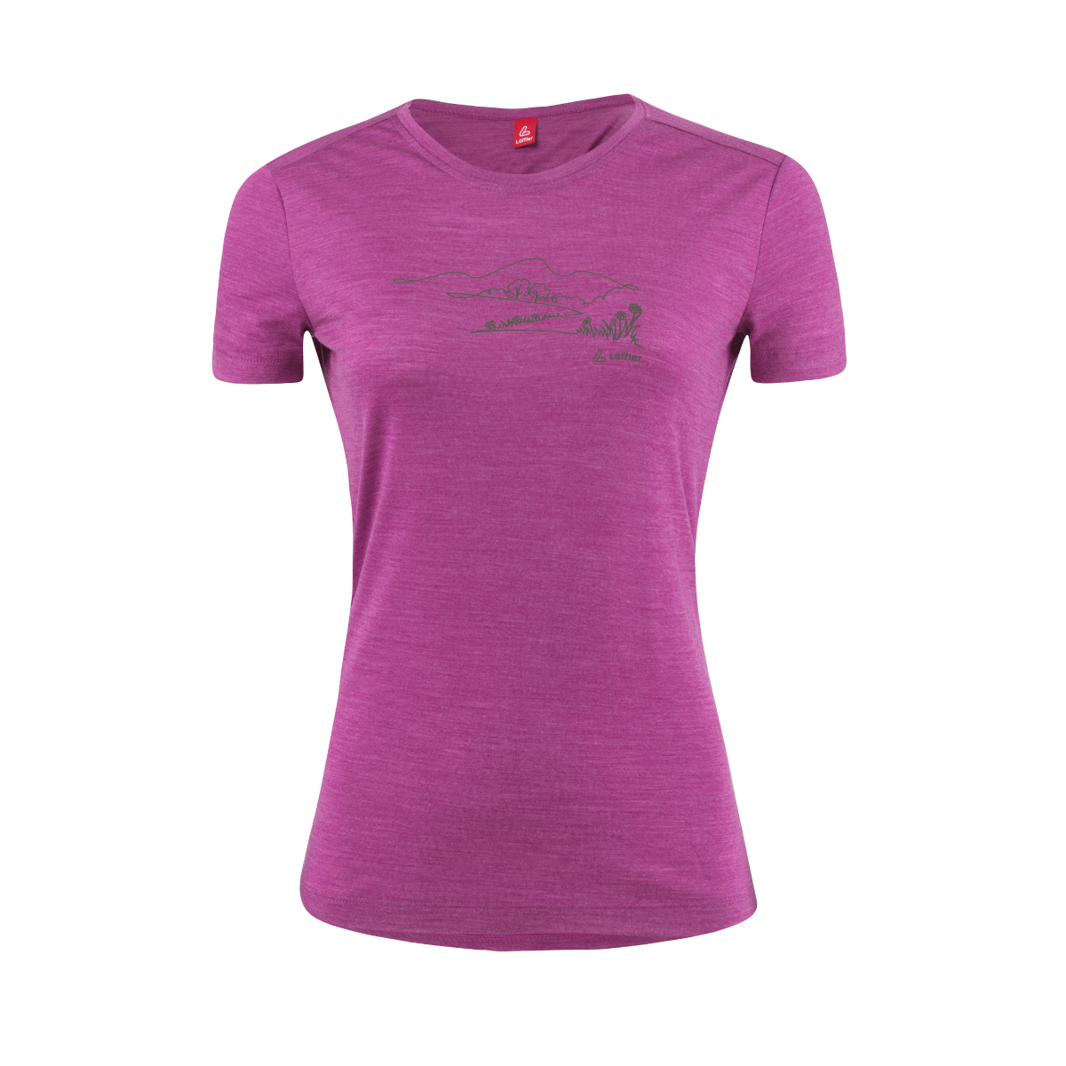 Lila T-Shirt mit Bergmotiv und Logo auf der Brust.