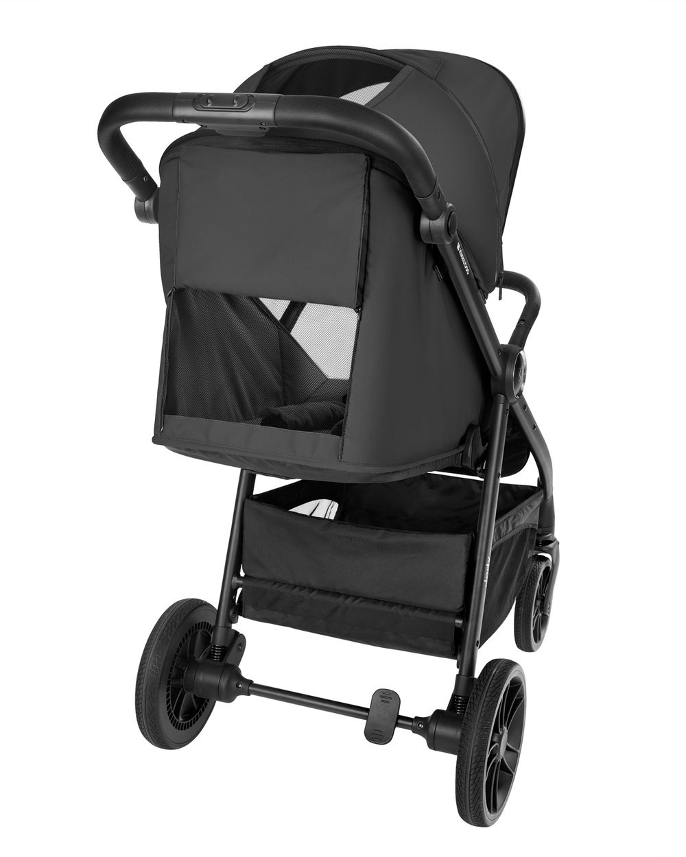 Ein schwarzer Kinderwagen mit Netzfenster und Aufbewahrungskorb.