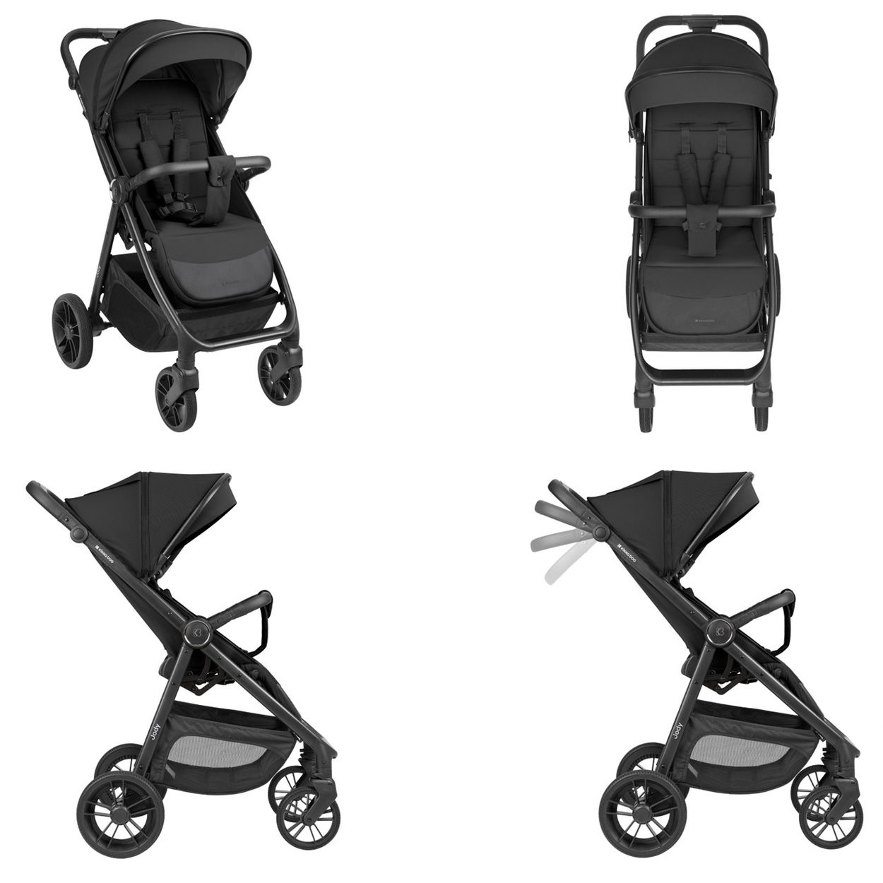 Ein schwarzer Kinderwagen mit Sitz, Gurten, Verdeck und Ablage.
