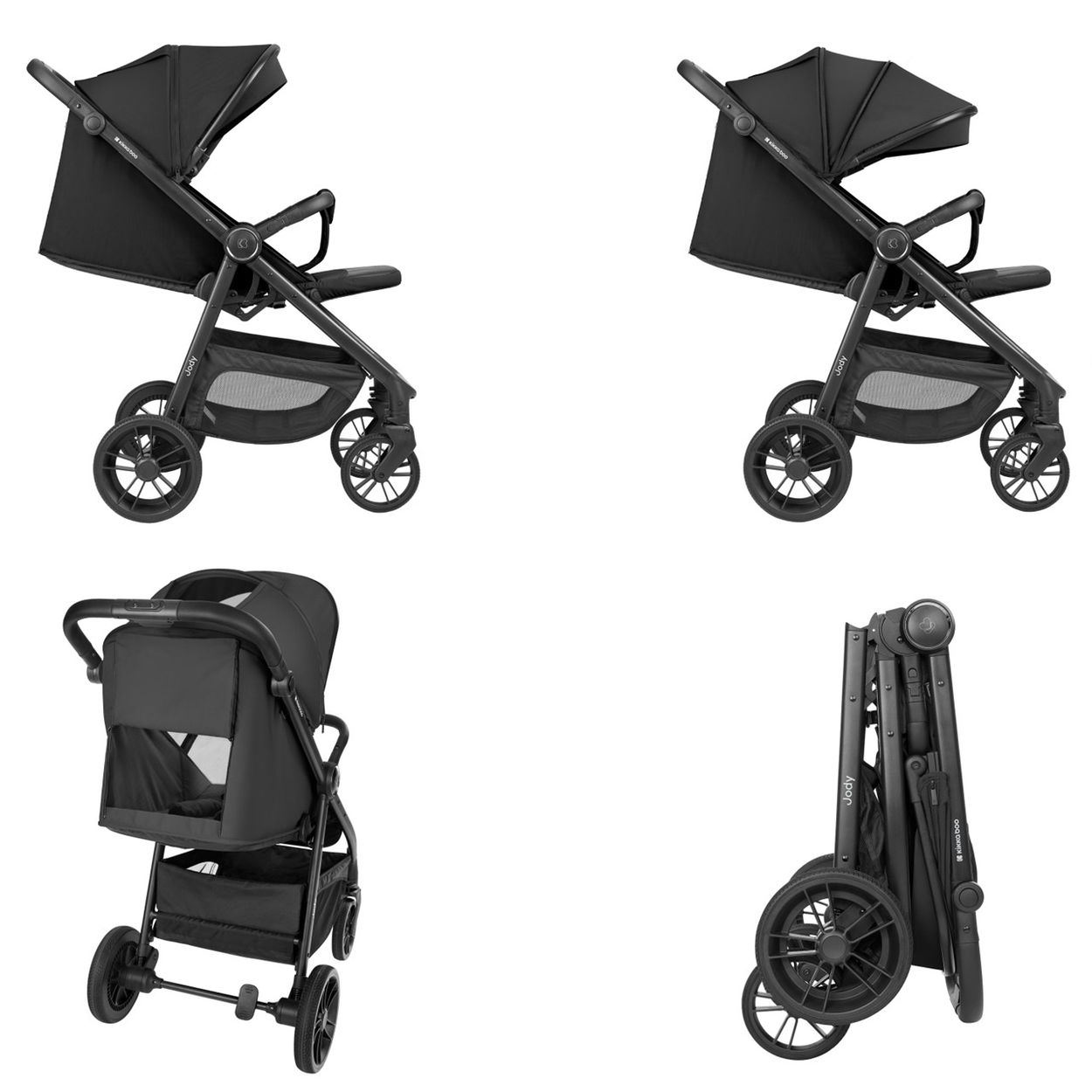 Ein schwarzer Kinderwagen in drei Ansichten: offen, mit Blick nach vorne und zusammengeklappt.