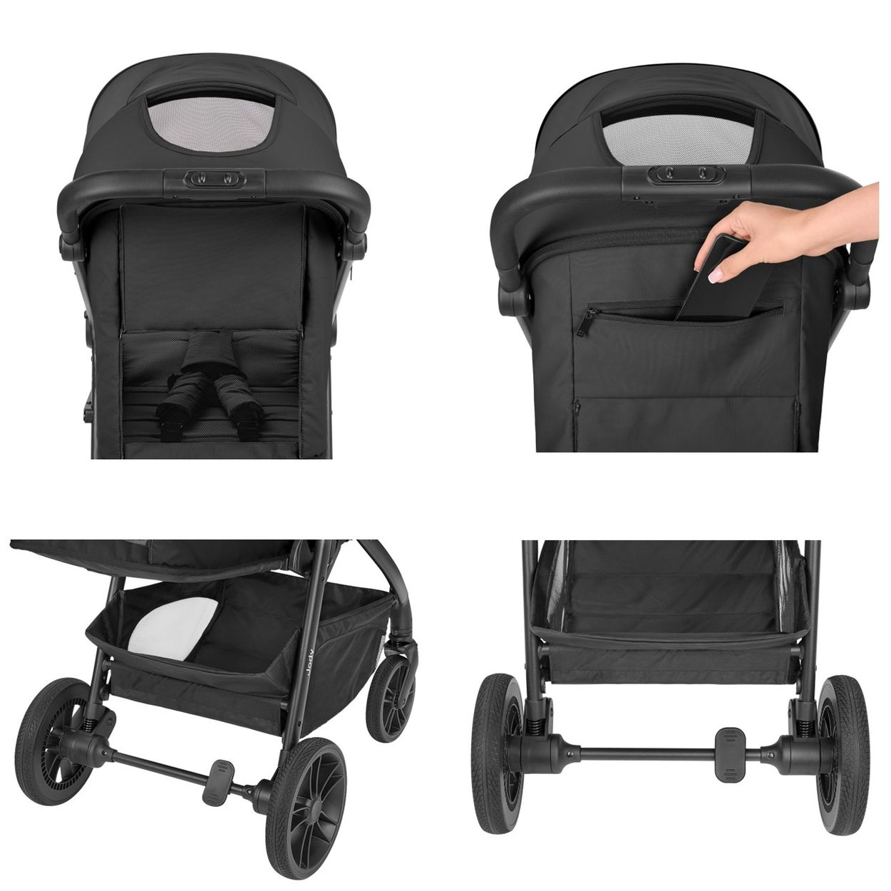 Ein schwarzer Kinderwagen wird von vorne und hinten gezeigt, mit Details zu Rädern und Stauraum.