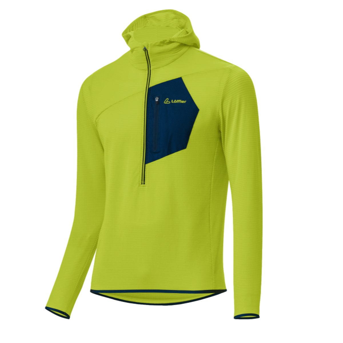 Ein leuchtend gelber Kapuzenpullover mit blauem Einsatz und Reißverschluss.