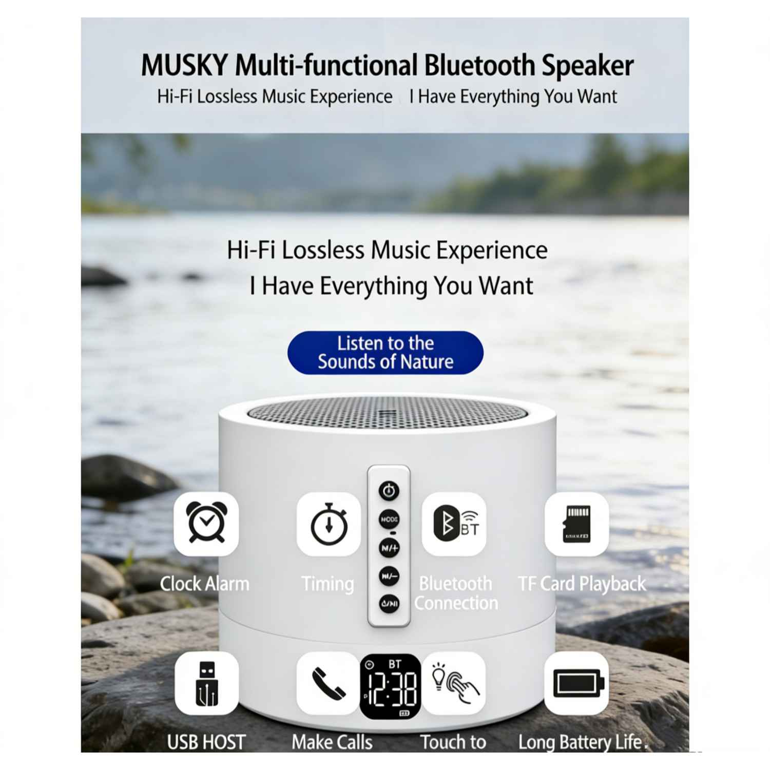 Weiße MUSKY-Box mit Symbolen für Uhr, Timer, Bluetooth, TF-Karte, USB, Anrufe, Touch und Akku.