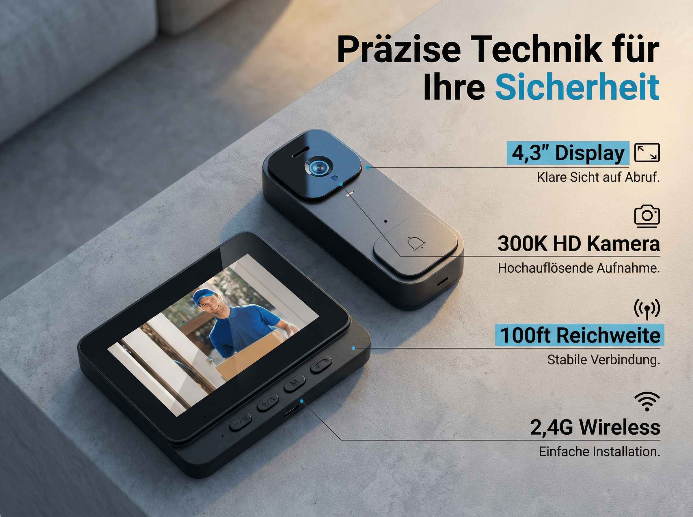Türkis und Schwarz: Türklingel mit 4,3-Zoll-Display, 300K HD Kamera, 100ft Reichweite.