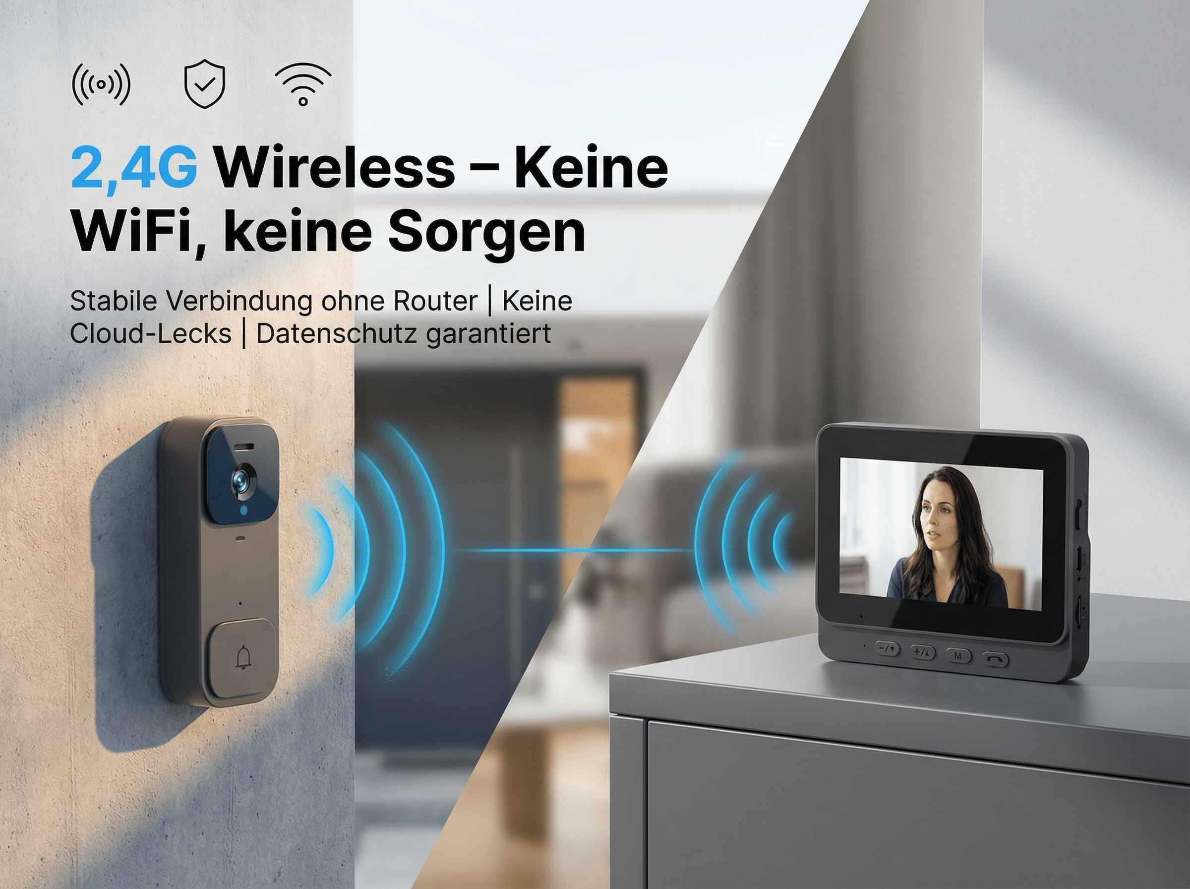 2,4G-Türklingel mit Bildschirm zeigt eine Frau. Drahtlose Verbindung.