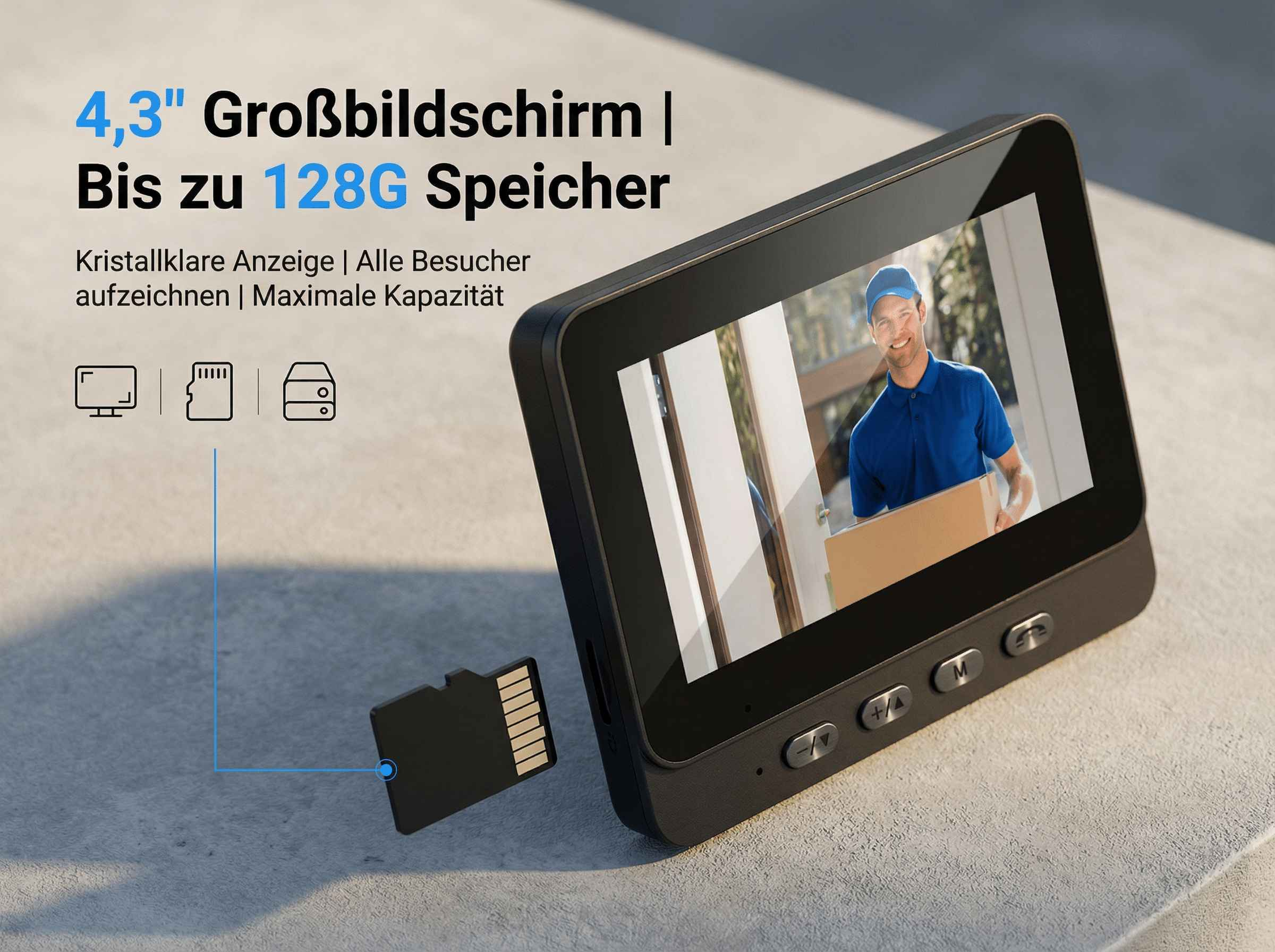 Ein Mann in blauer Uniform liefert ein Paket. Daneben ein Monitor und eine SD-Karte.
