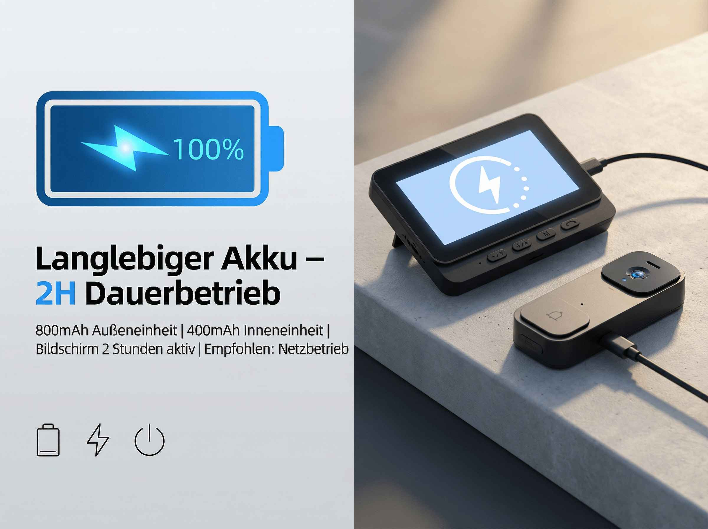 Ein Gerät mit Bildschirm und Klingelknopf, beide laden.