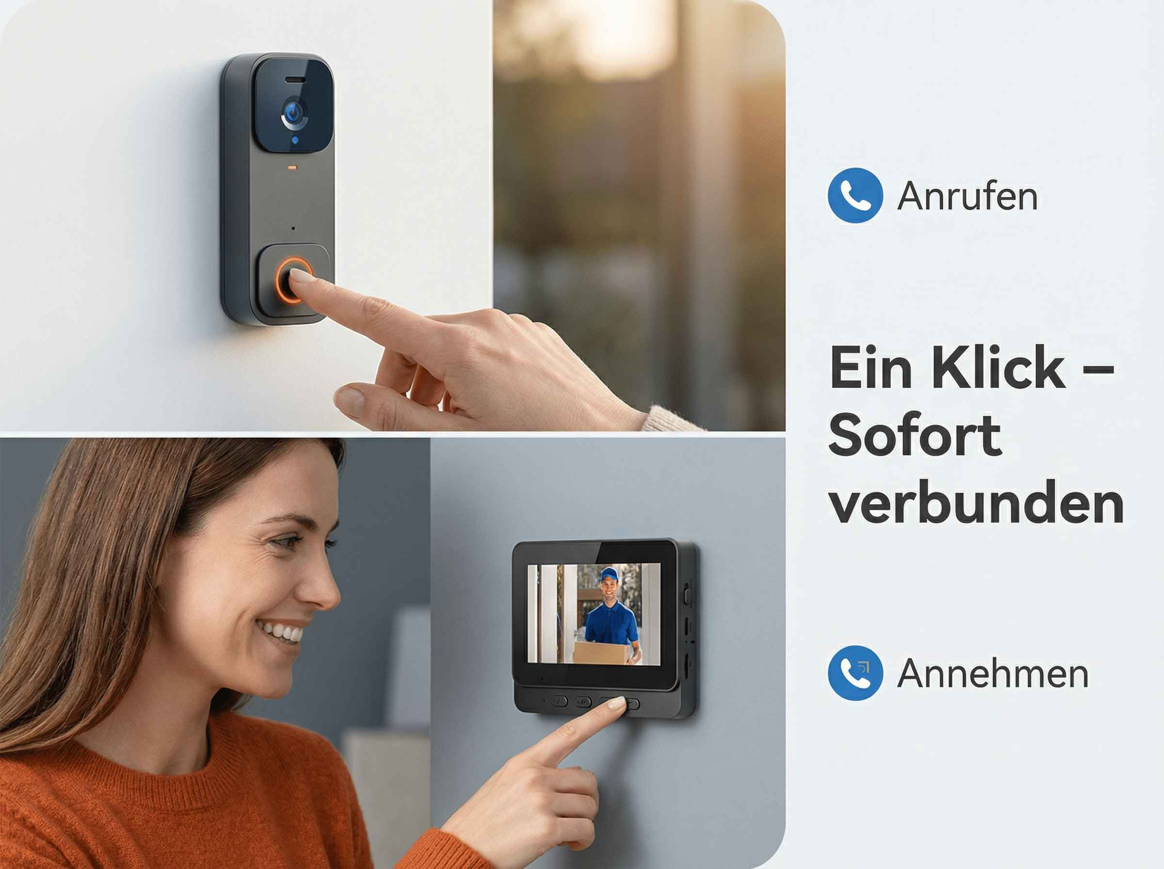 Ein Finger drückt eine Türklingel, eine Frau lächelt, ein Bildschirm zeigt einen Lieferanten.