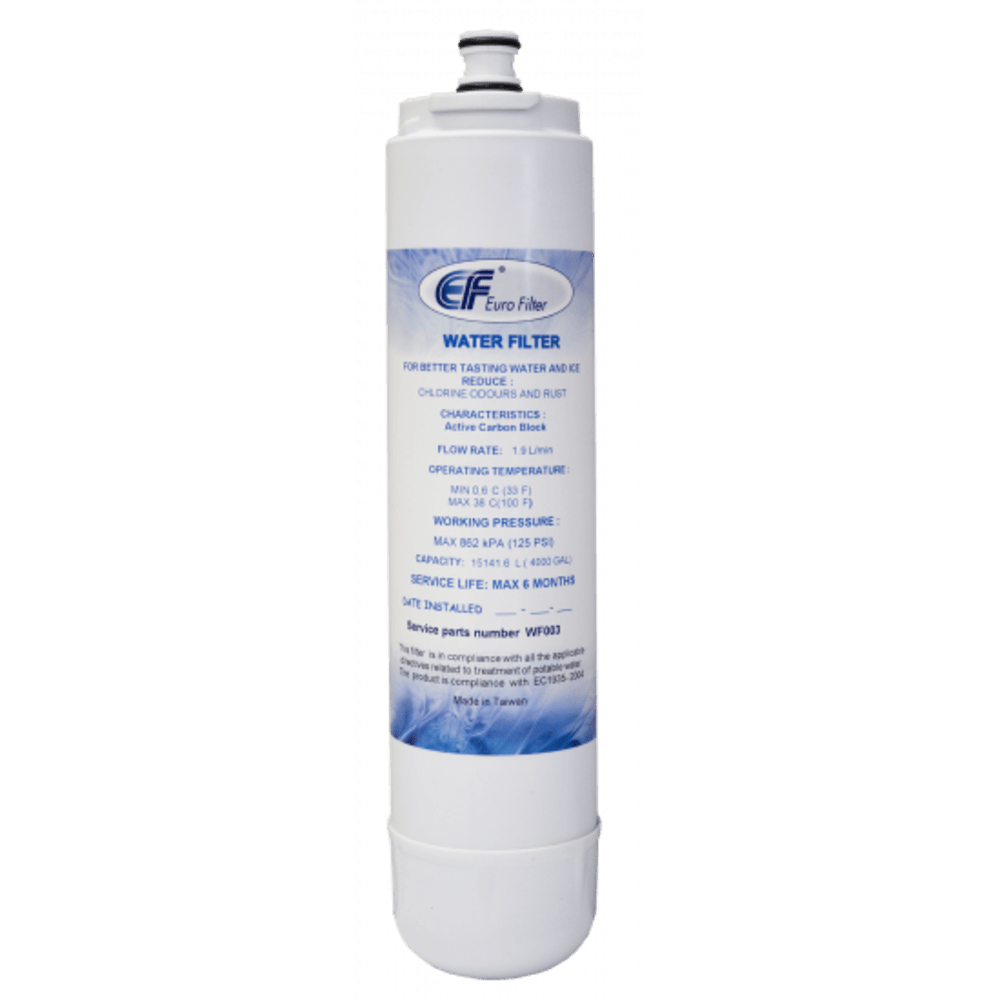 Ein weißer Wasserfilter mit blauer Schrift. Modell WF033.