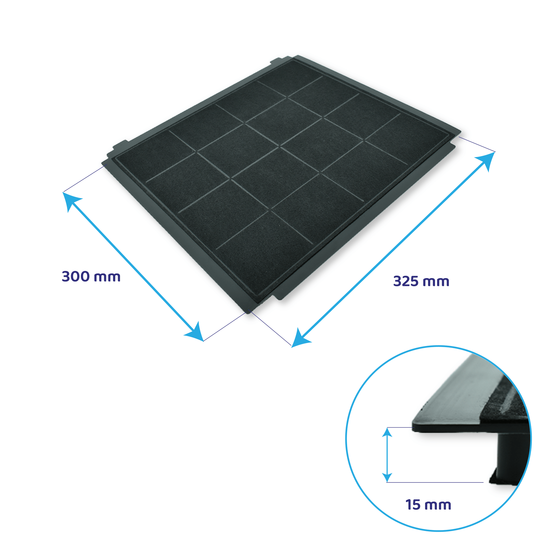 Schwarzer Aktivkohlefilter mit Maßen 300x325x15mm.
