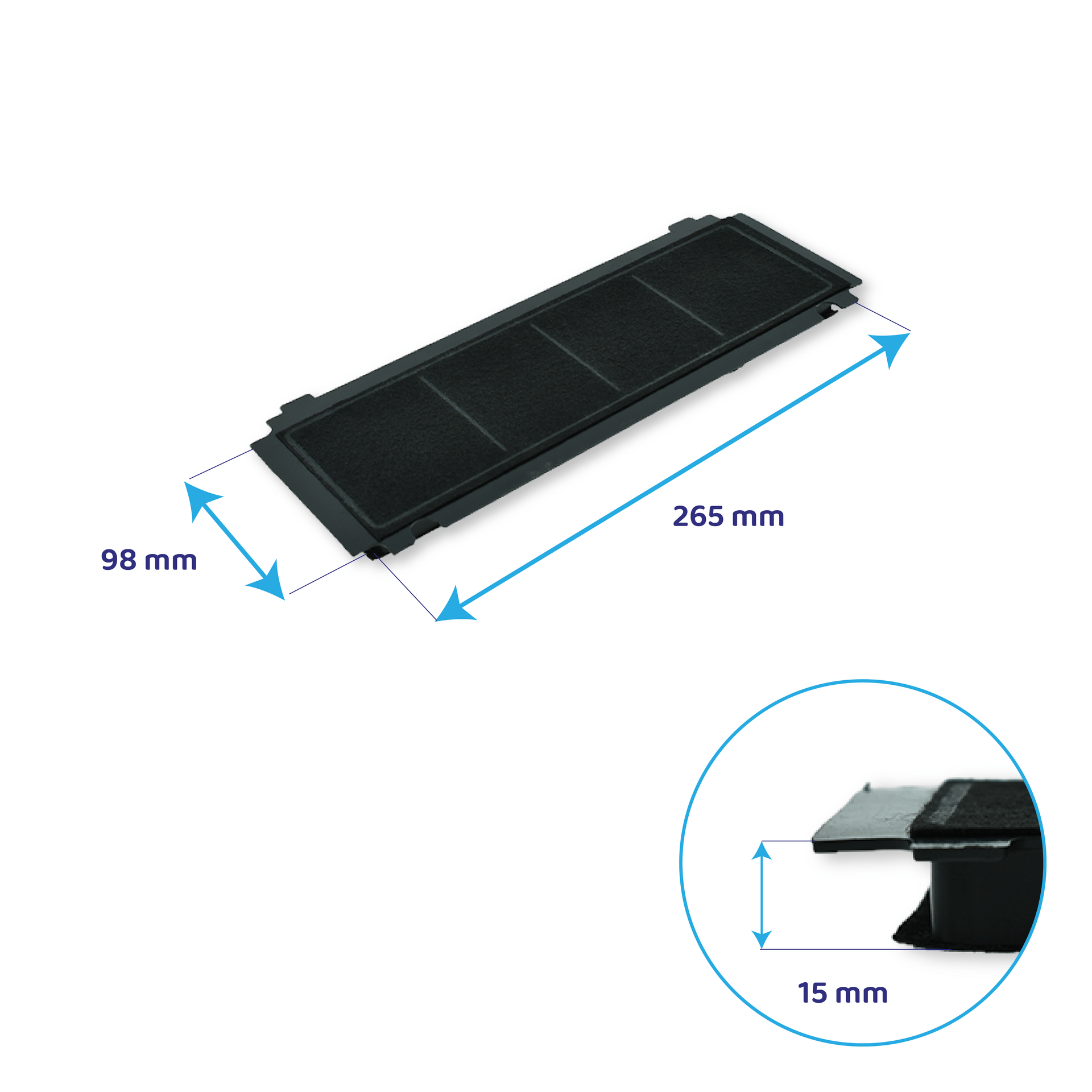 Schwarzer Aktivkohlefilter mit Maßen 265x98x15 mm.