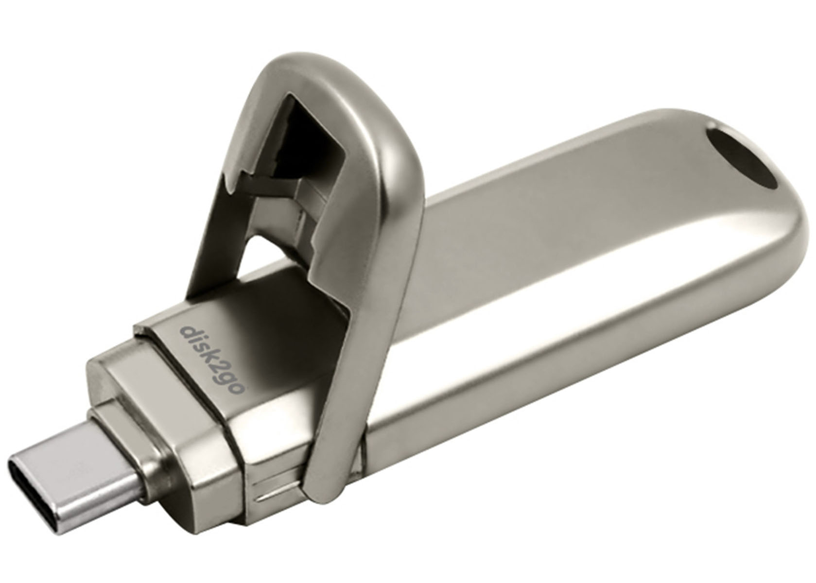 Una chiavetta USB-C argentata con alloggiamento girevole e marchio "disk2go".