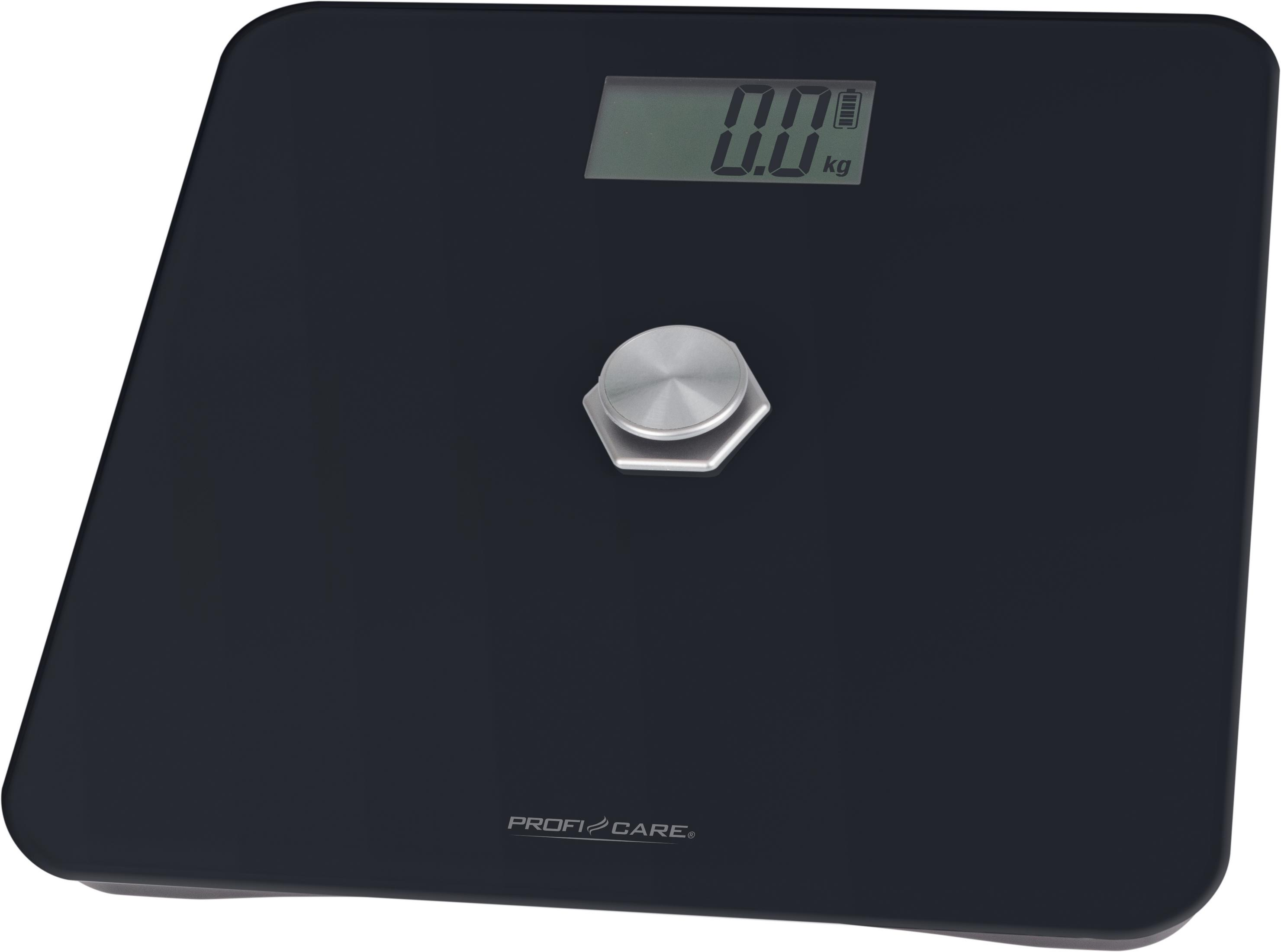 Czarna waga cyfrowa z srebrnym przyciskiem i wyświetlaczem LCD pokazującym 0.0 kg.