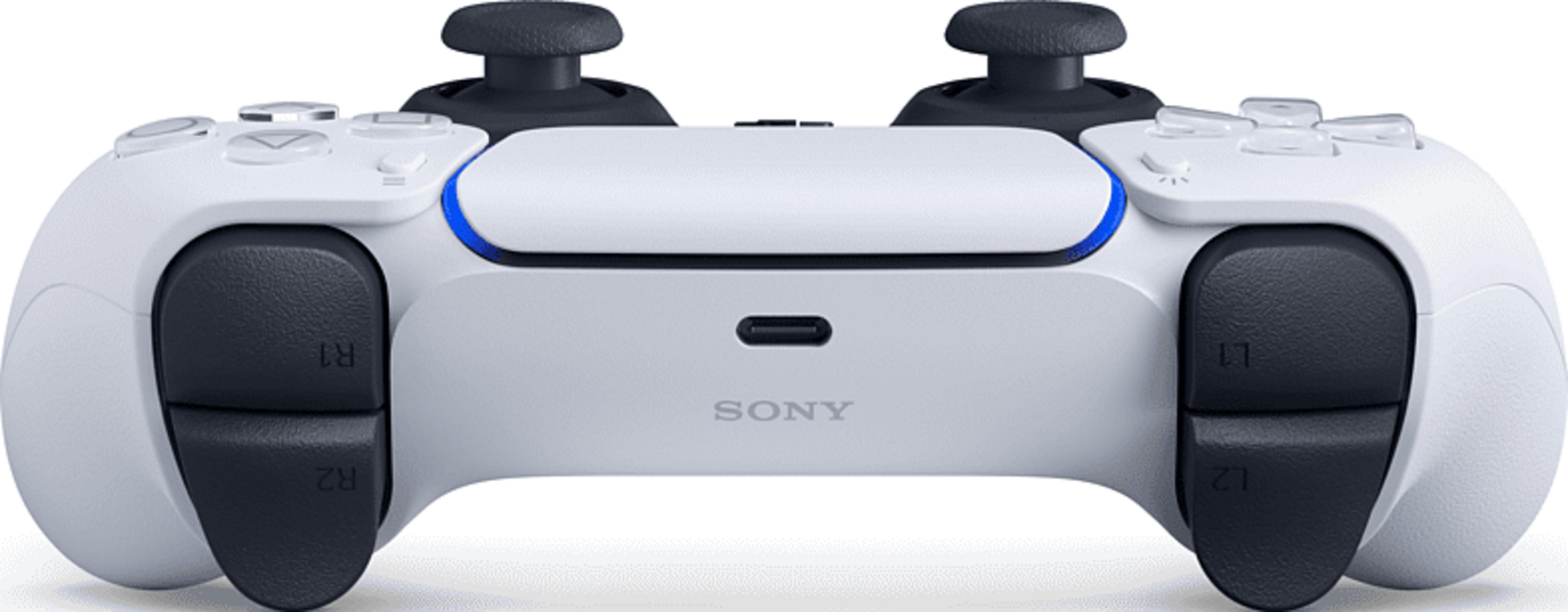 Biały kontroler Sony PlayStation 5 z czarnymi analogami i przyciskami.