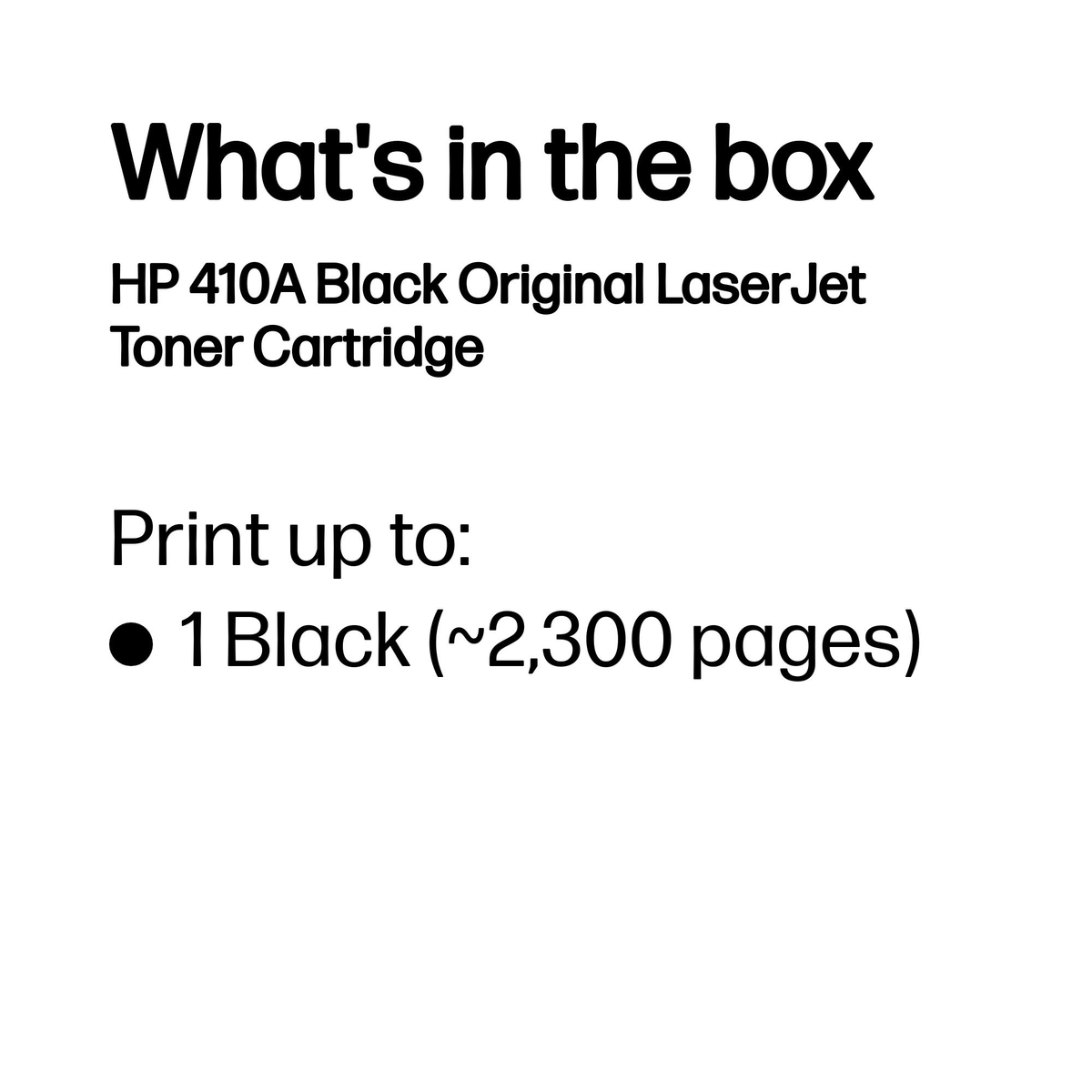 Zawartość pudełka: Czarny toner HP 410A do LaserJet, ok. 2300 stron.