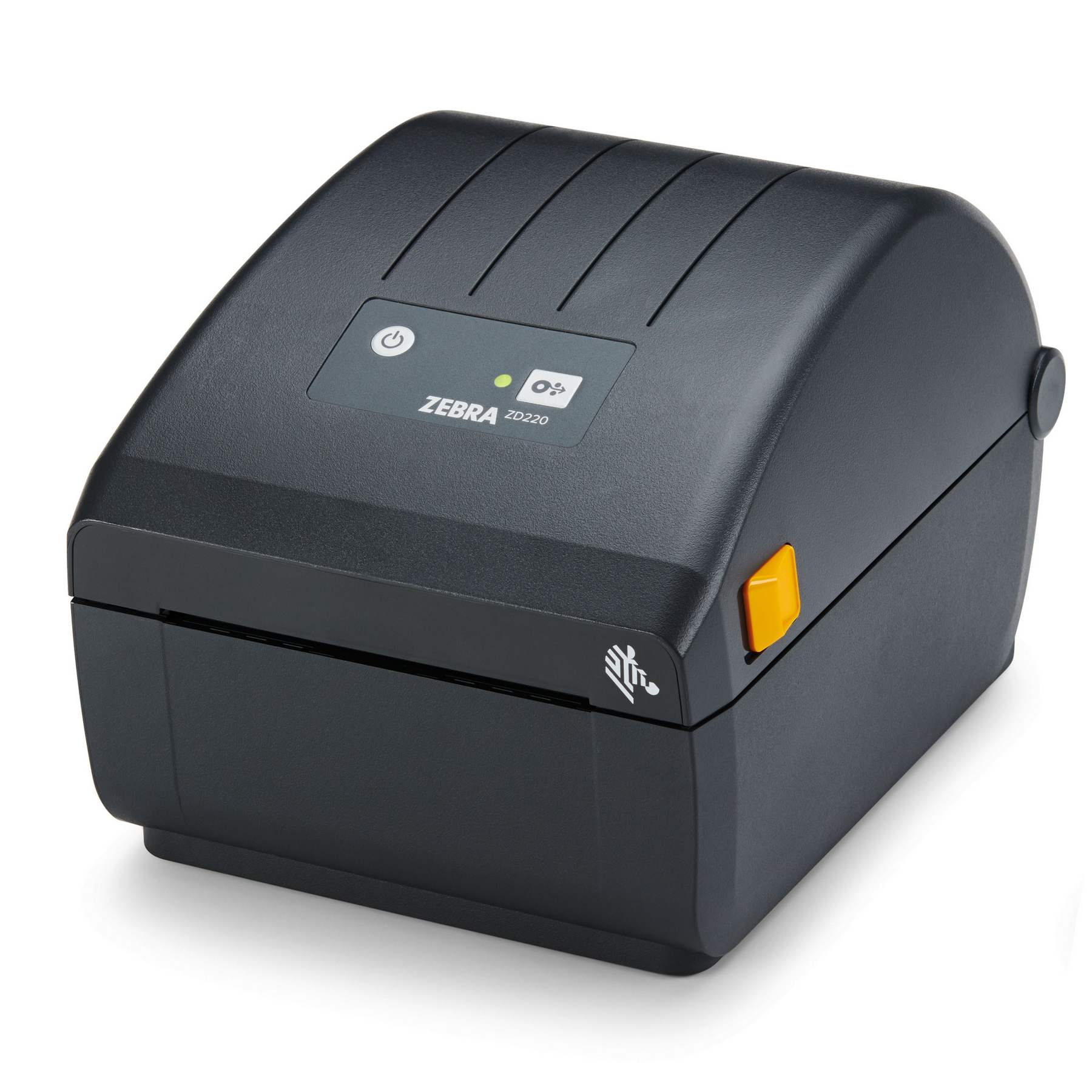 Una stampante di etichette Zebra ZD220 nera con pulsante giallo.