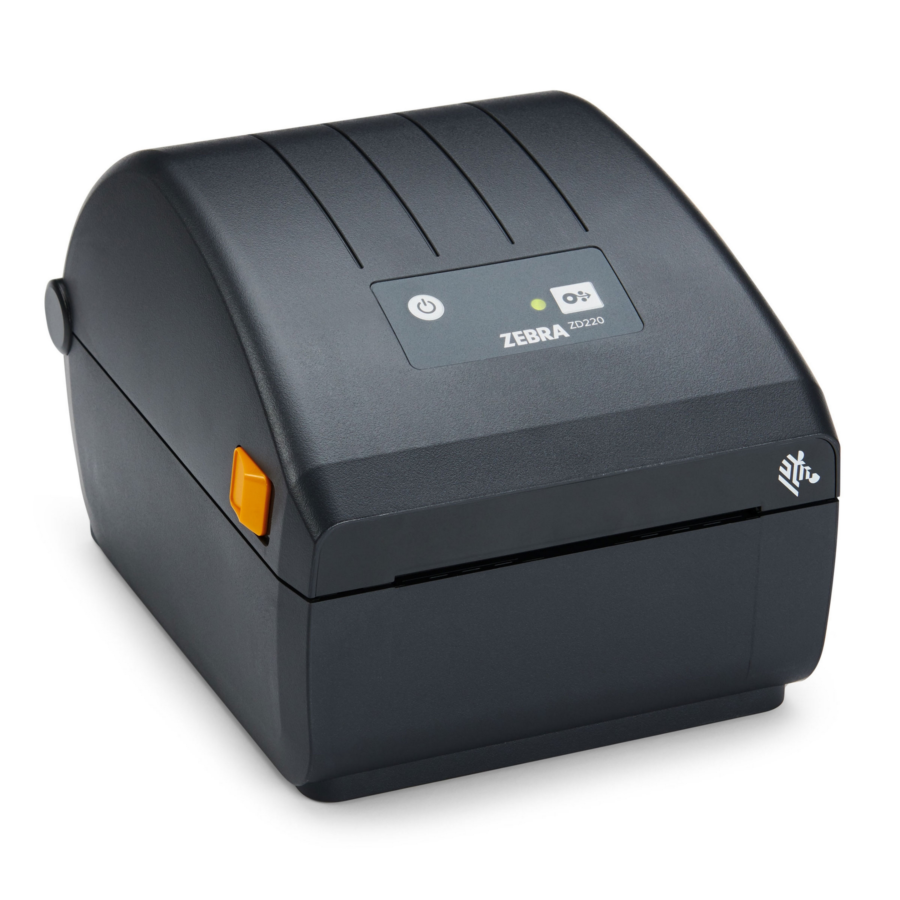 Una stampante di etichette Zebra ZD220 nera con una leva di rilascio arancione.
