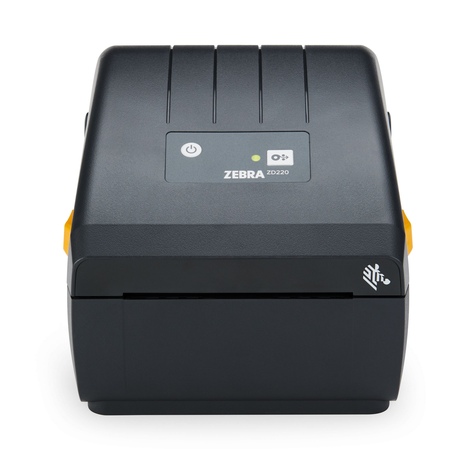 Stampante di etichette Zebra ZD220 nera con pulsante di accensione e spia.