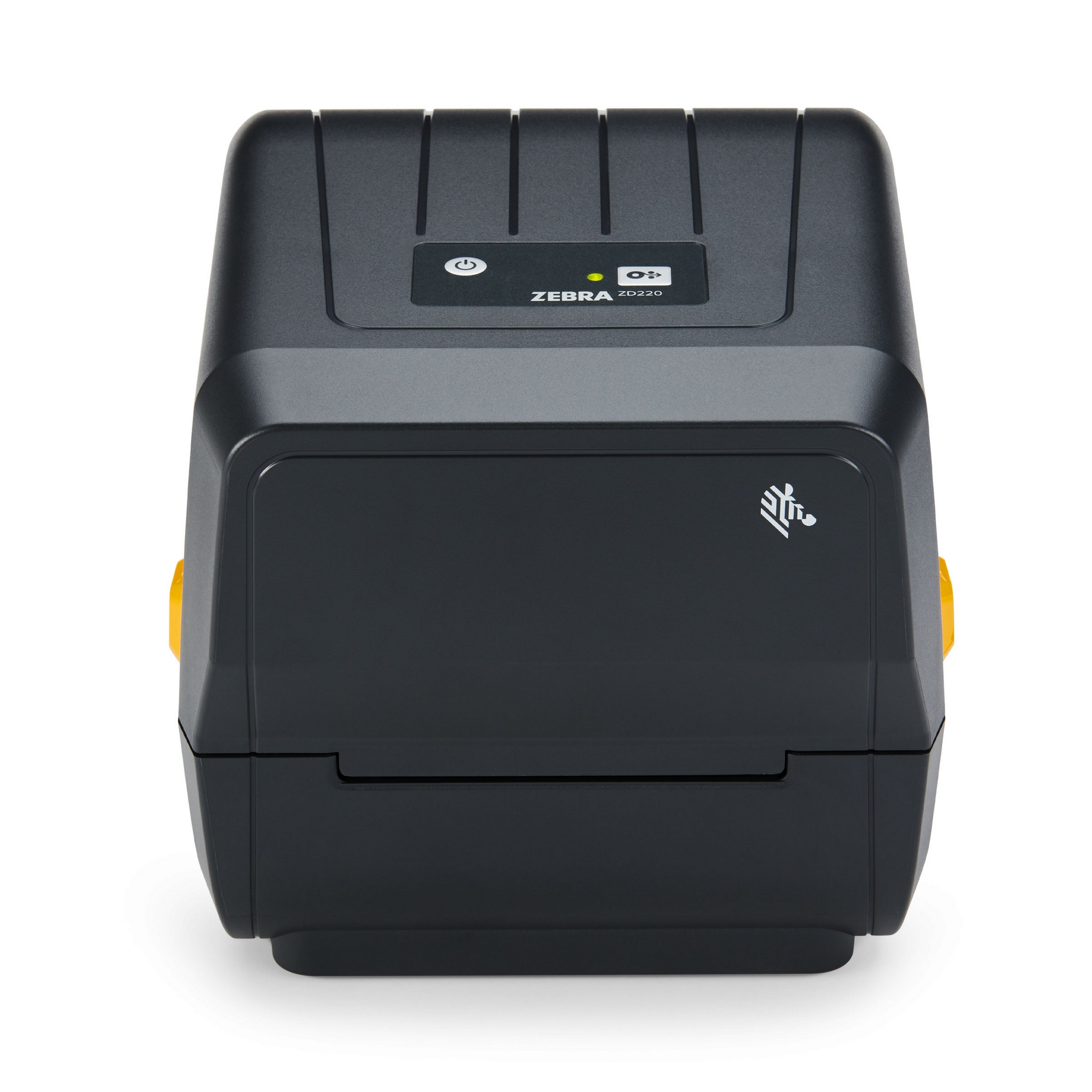 Una stampante per etichette Zebra ZD220 nera con controlli gialli.