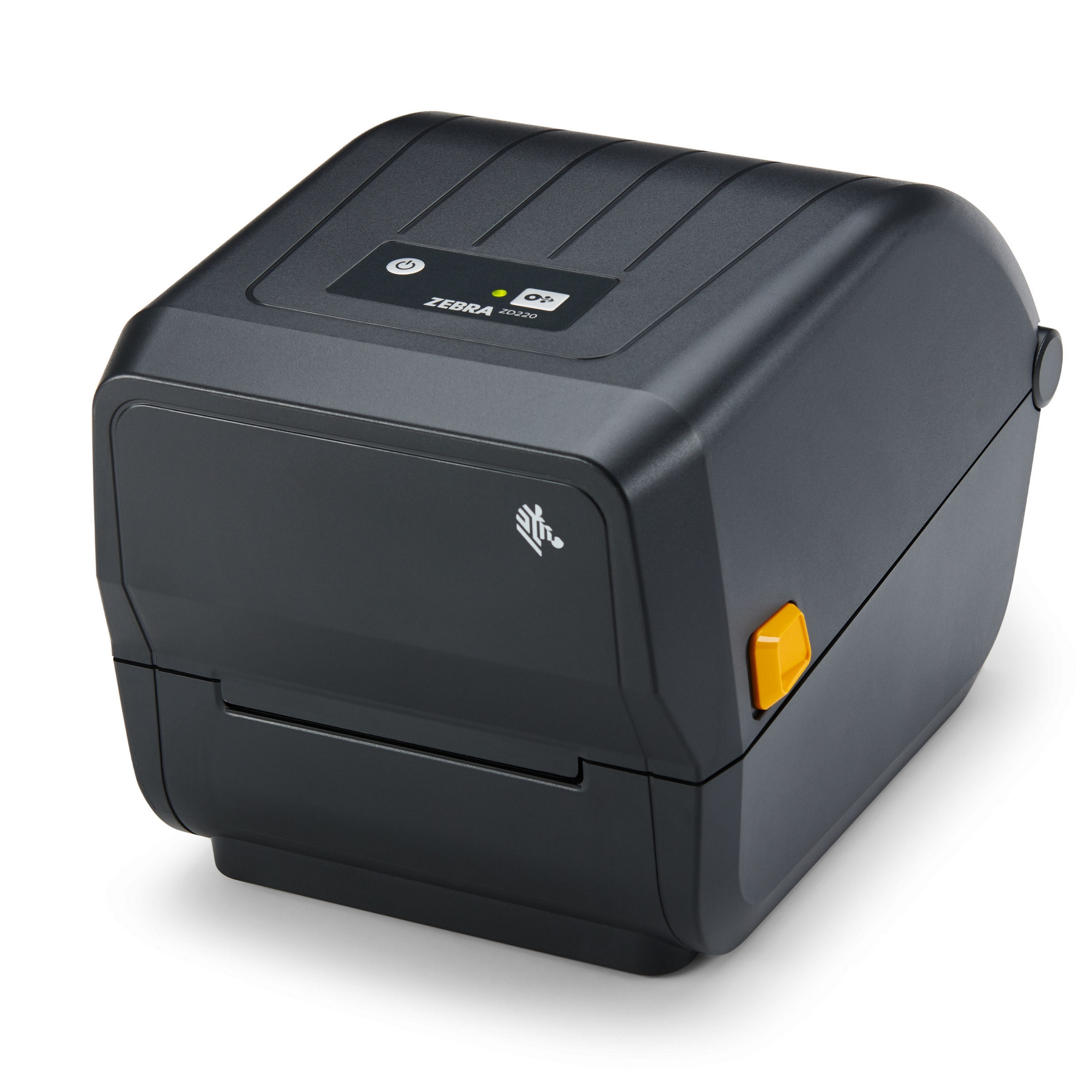 Una stampante di etichette Zebra ZD220 grigio scuro con un pulsante giallo.