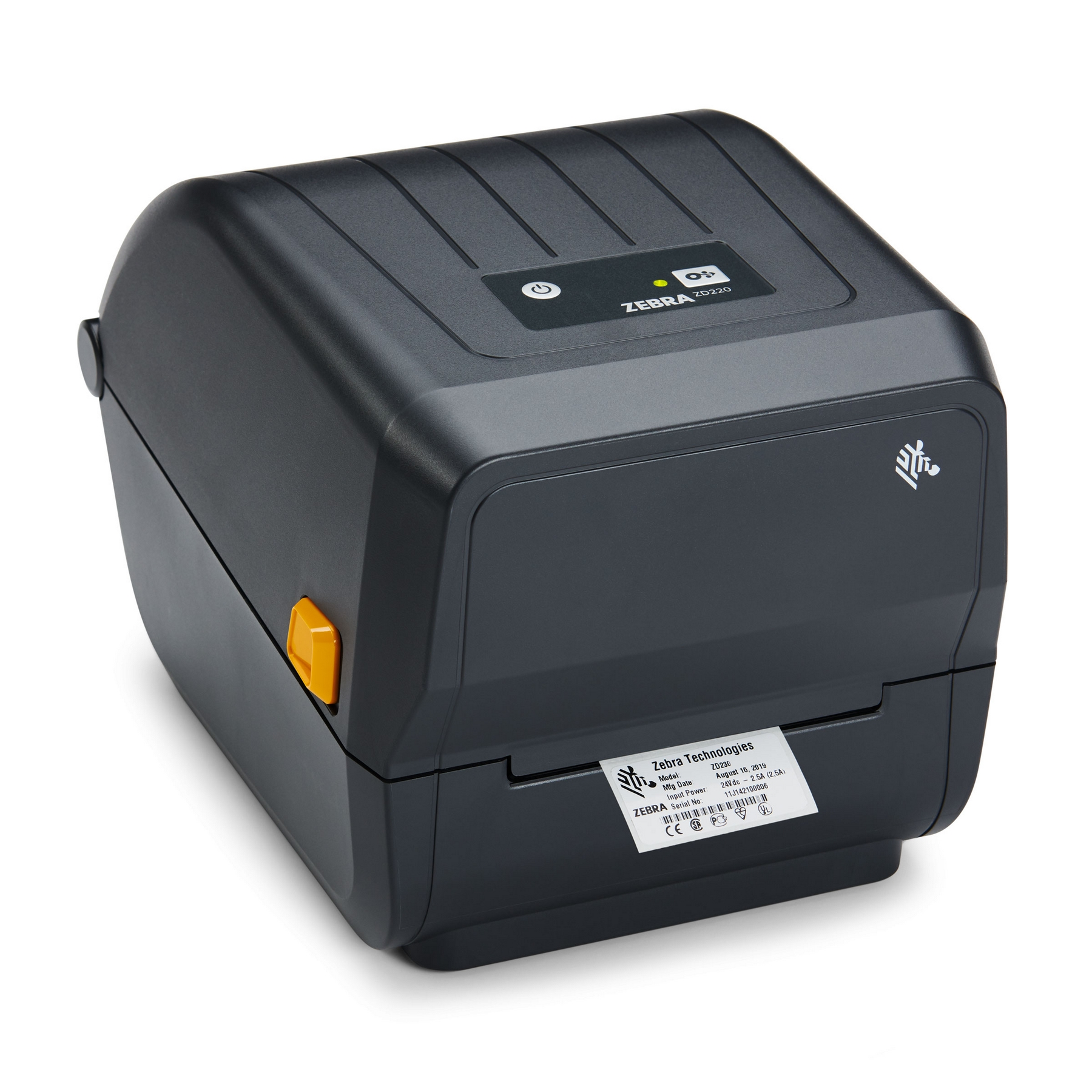Una stampante termica per etichette Zebra ZD230 nera con leva di rilascio gialla.