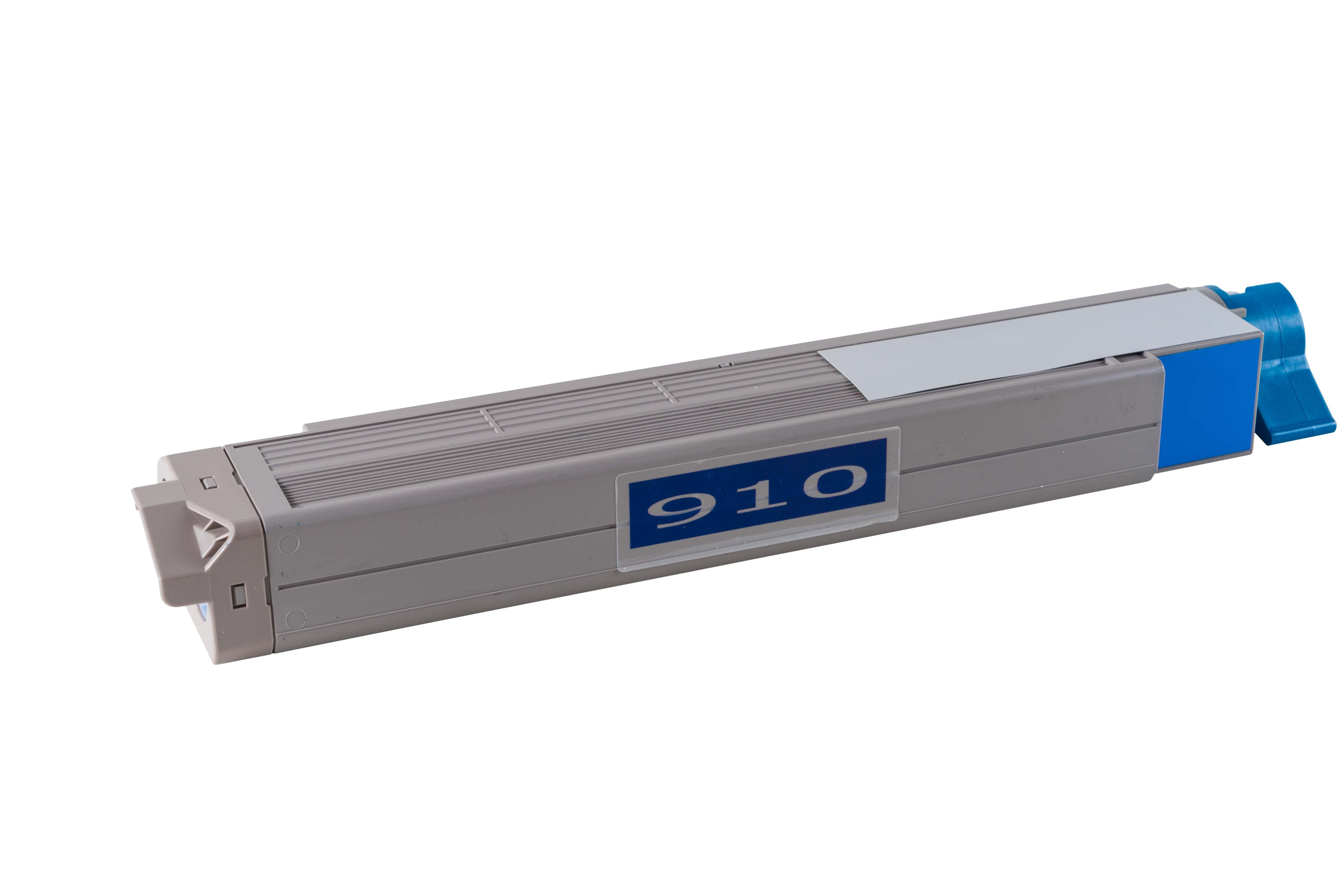 Cartouche de toner grise avec capuchon bleu et le numéro 910.