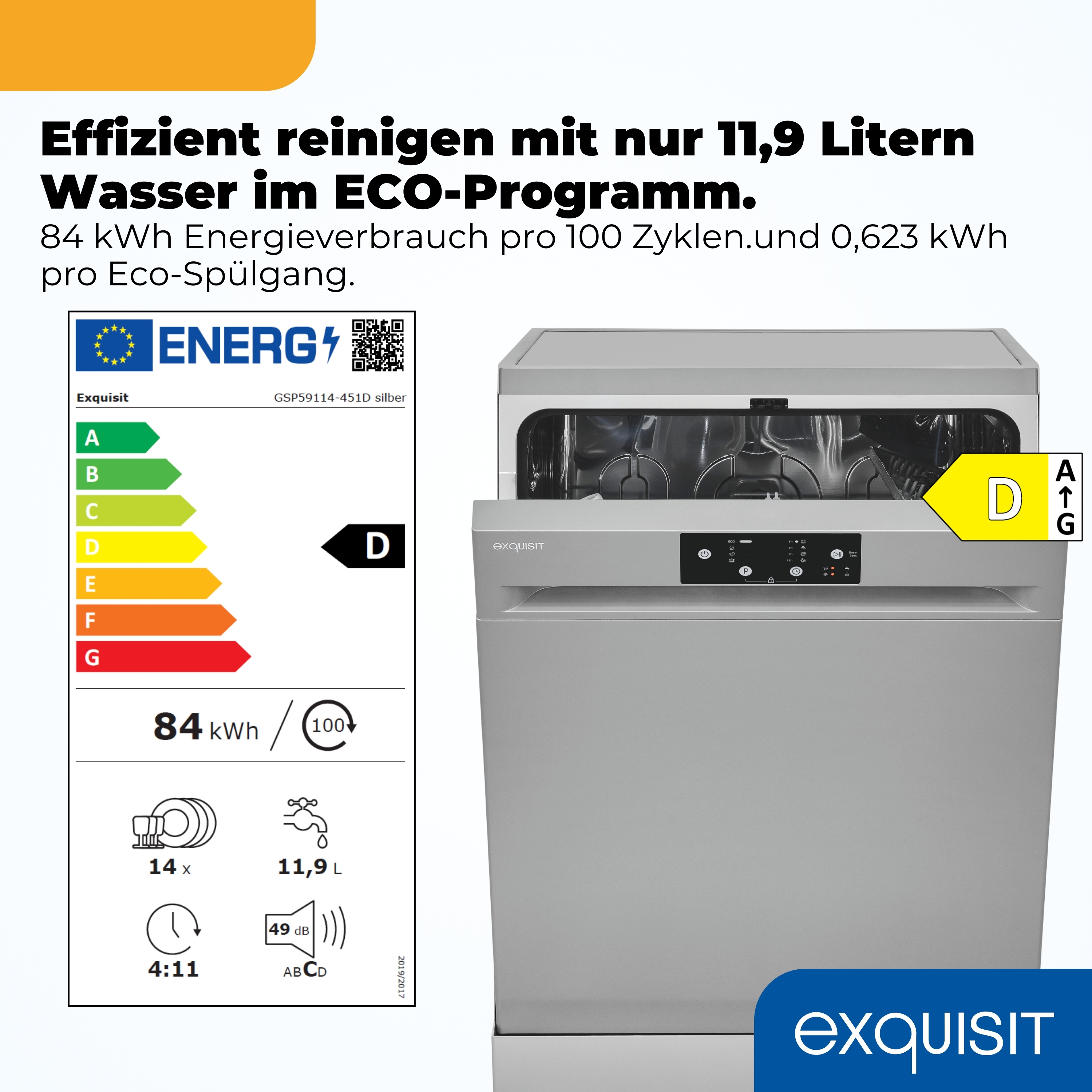 Silberne Exquisit Spülmaschine mit Energieeffizienzklasse D. Zeigt 14 Maßgedecke an.