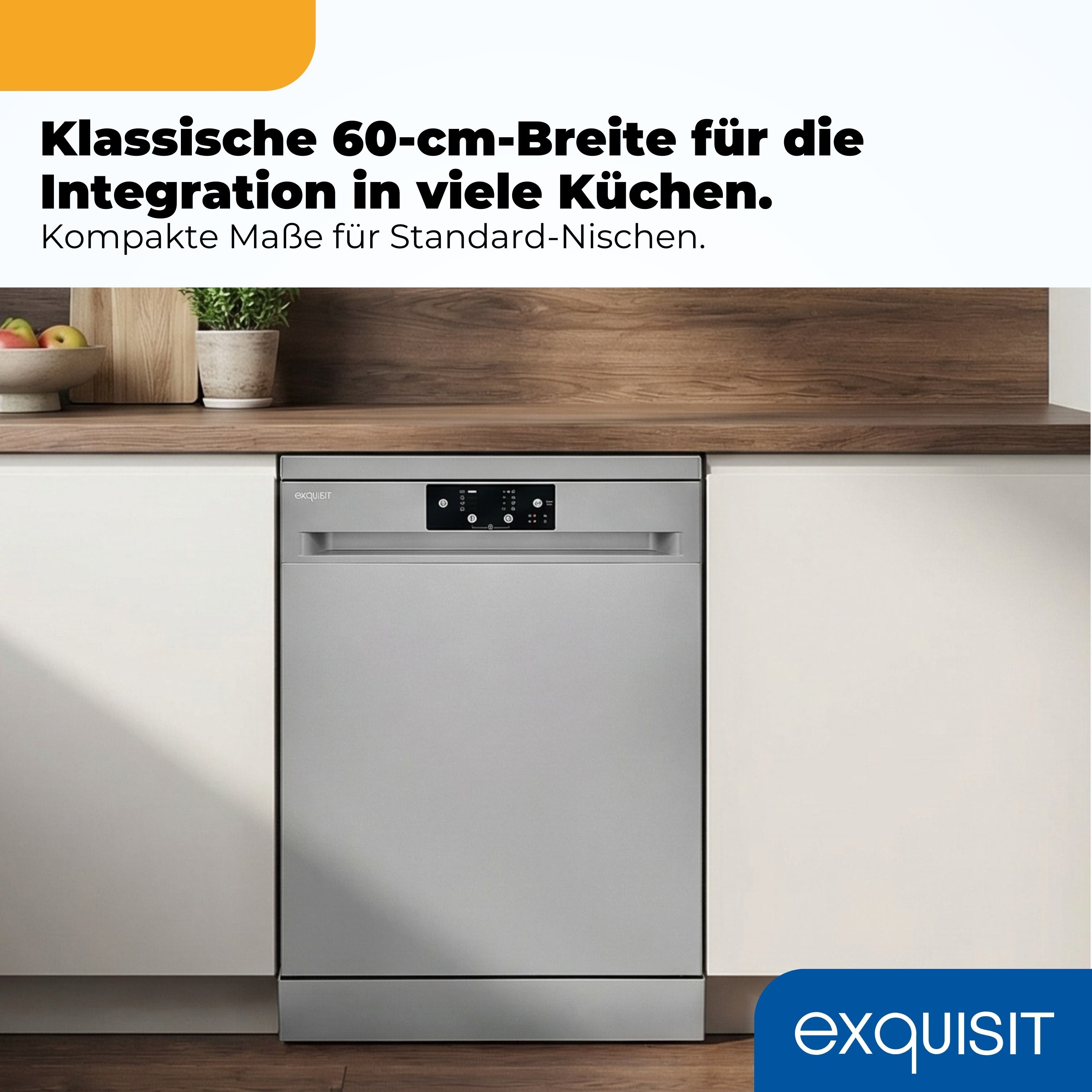 Ein silberner Geschirrspüler mit Bedienfeld, in einer Küche.