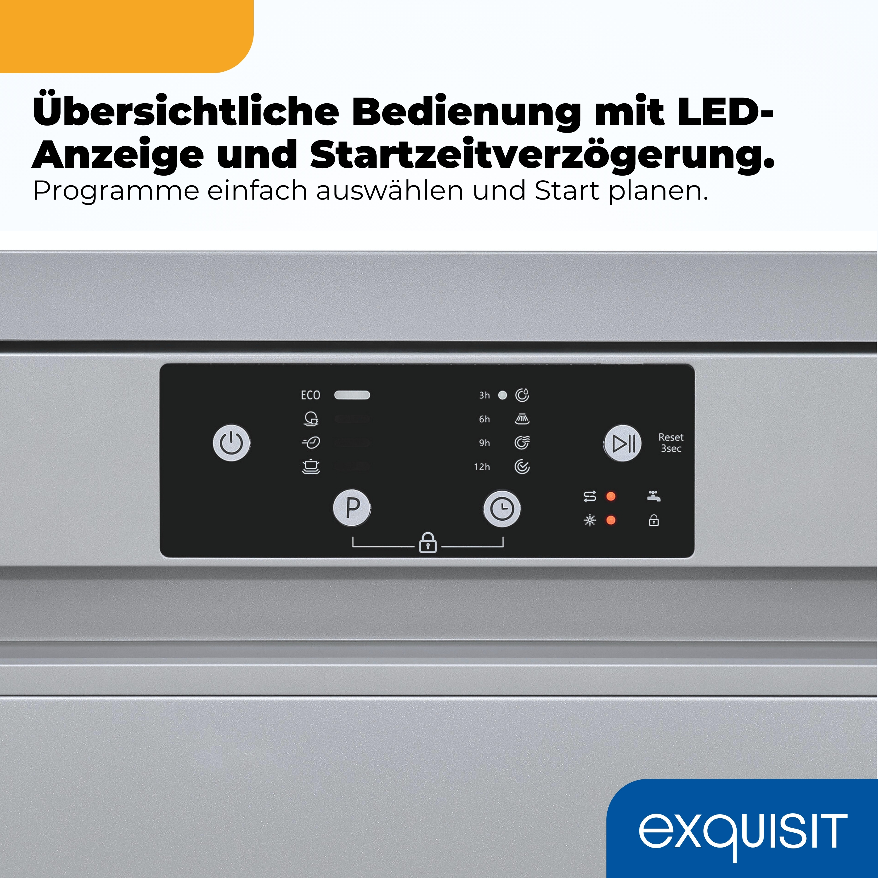 Bedienfeld eines Geschirrspülers mit Programmen und Timer.