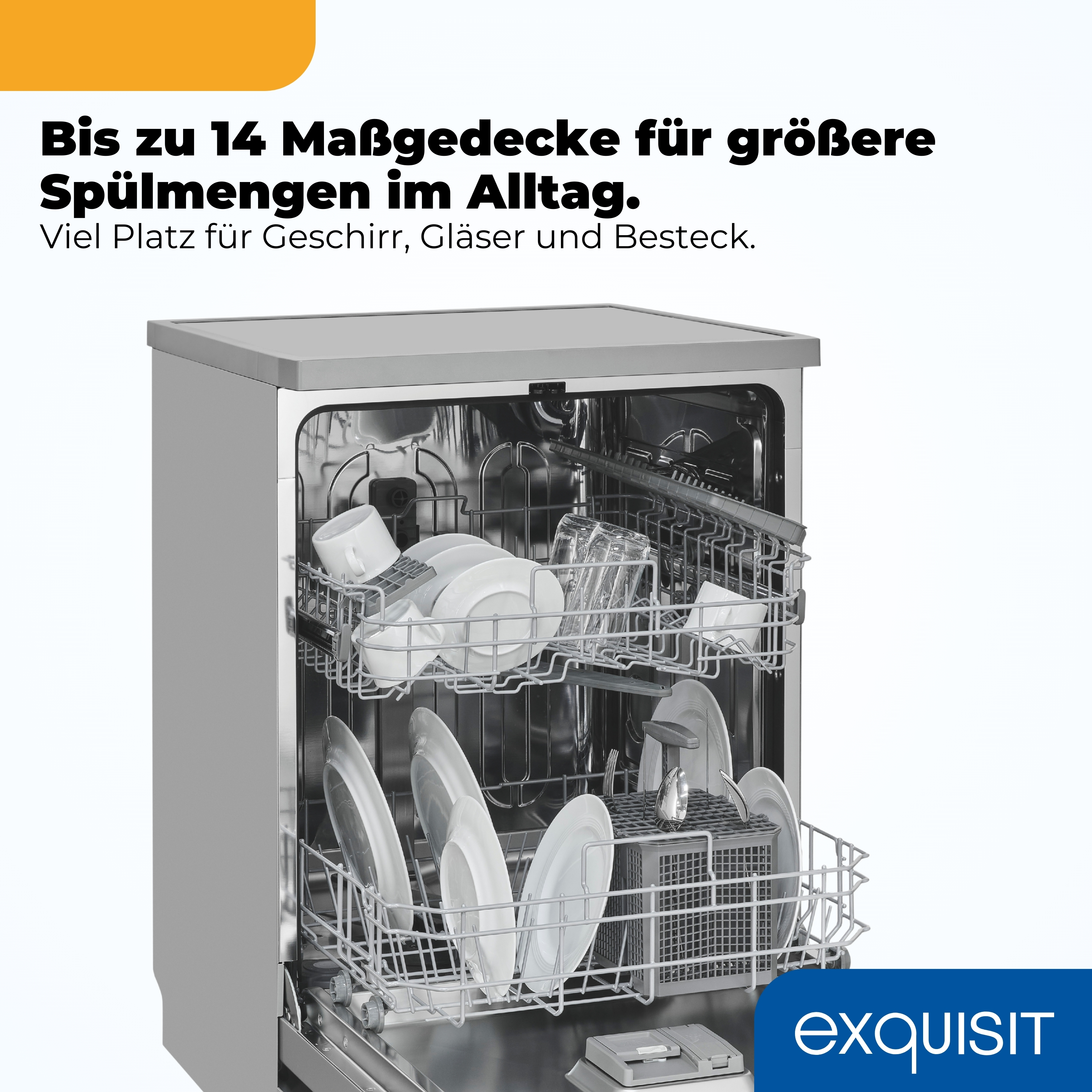 Ein offener Geschirrspüler mit zwei Körben, beladen mit Geschirr.