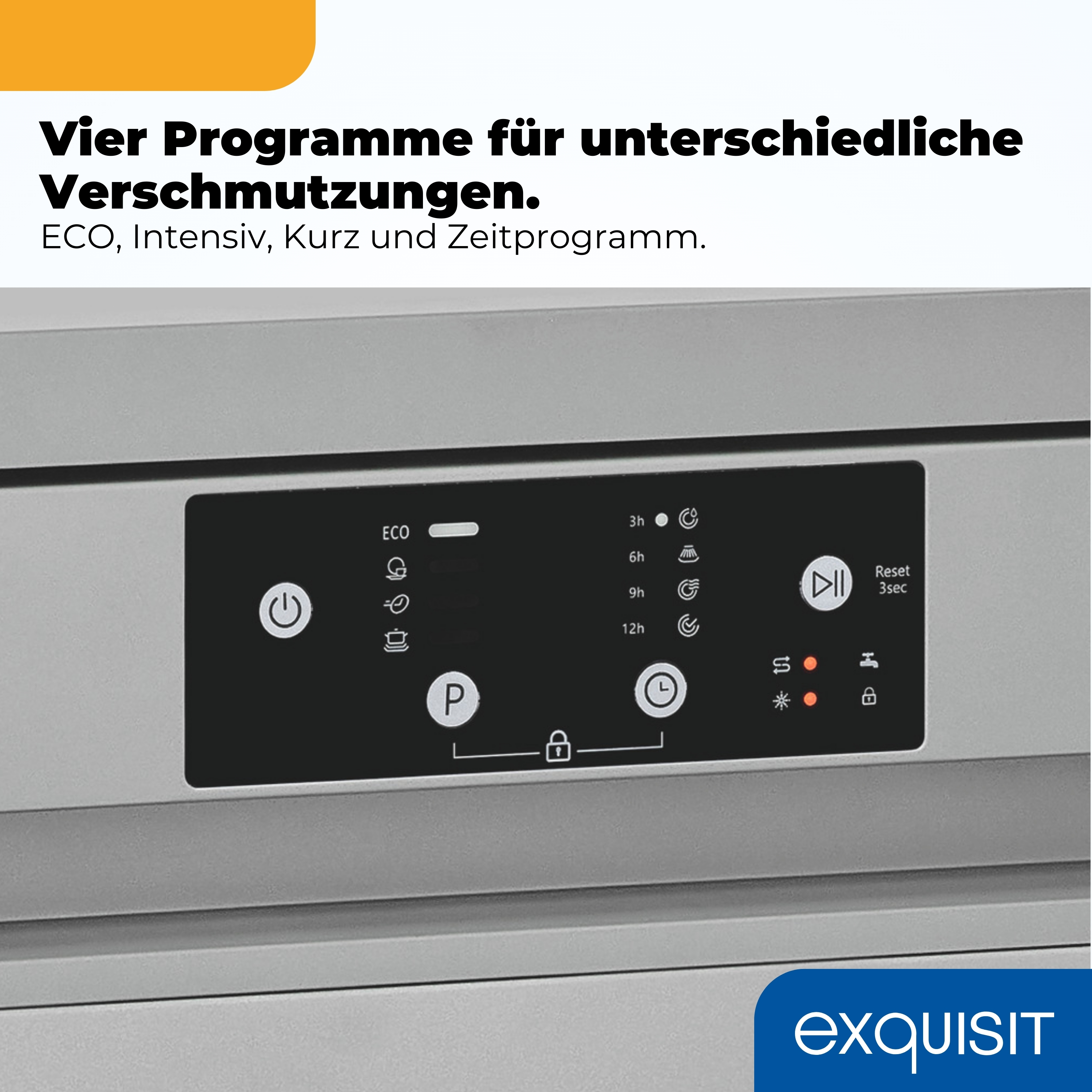 Ein Geschirrspüler-Bedienfeld mit Symbolen für ECO, Intensiv, Kurz und Zeitprogramme.