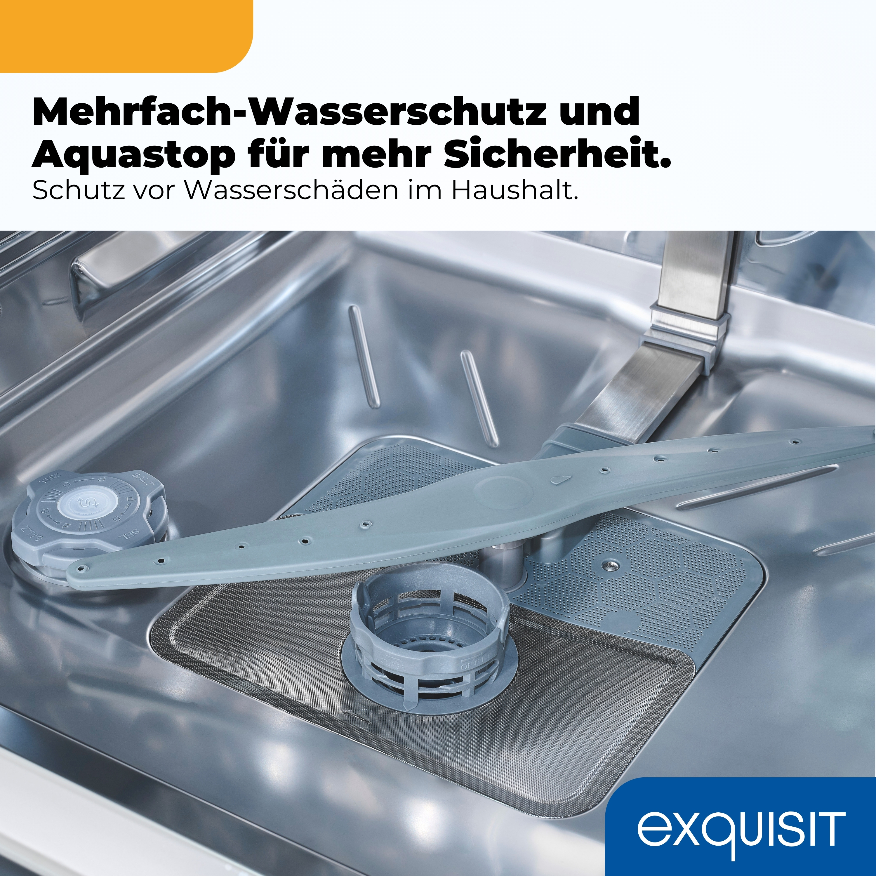 Innenansicht einer Spülmaschine mit Sprüharm, Filter und Salzeinfüllstutzen.
