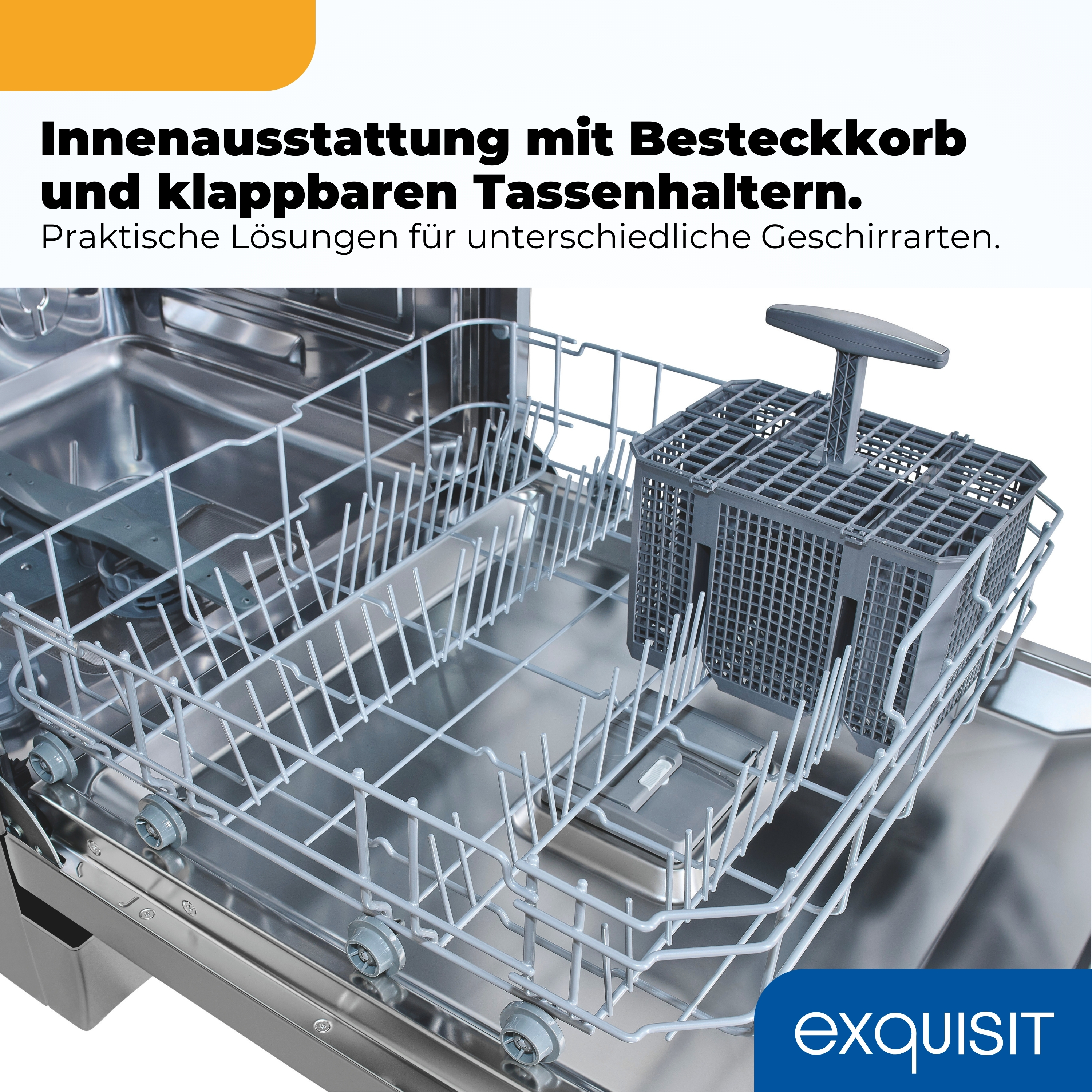 Innenansicht einer Spülmaschine mit Besteckkorb und ausklappbaren Tassenhaltern.