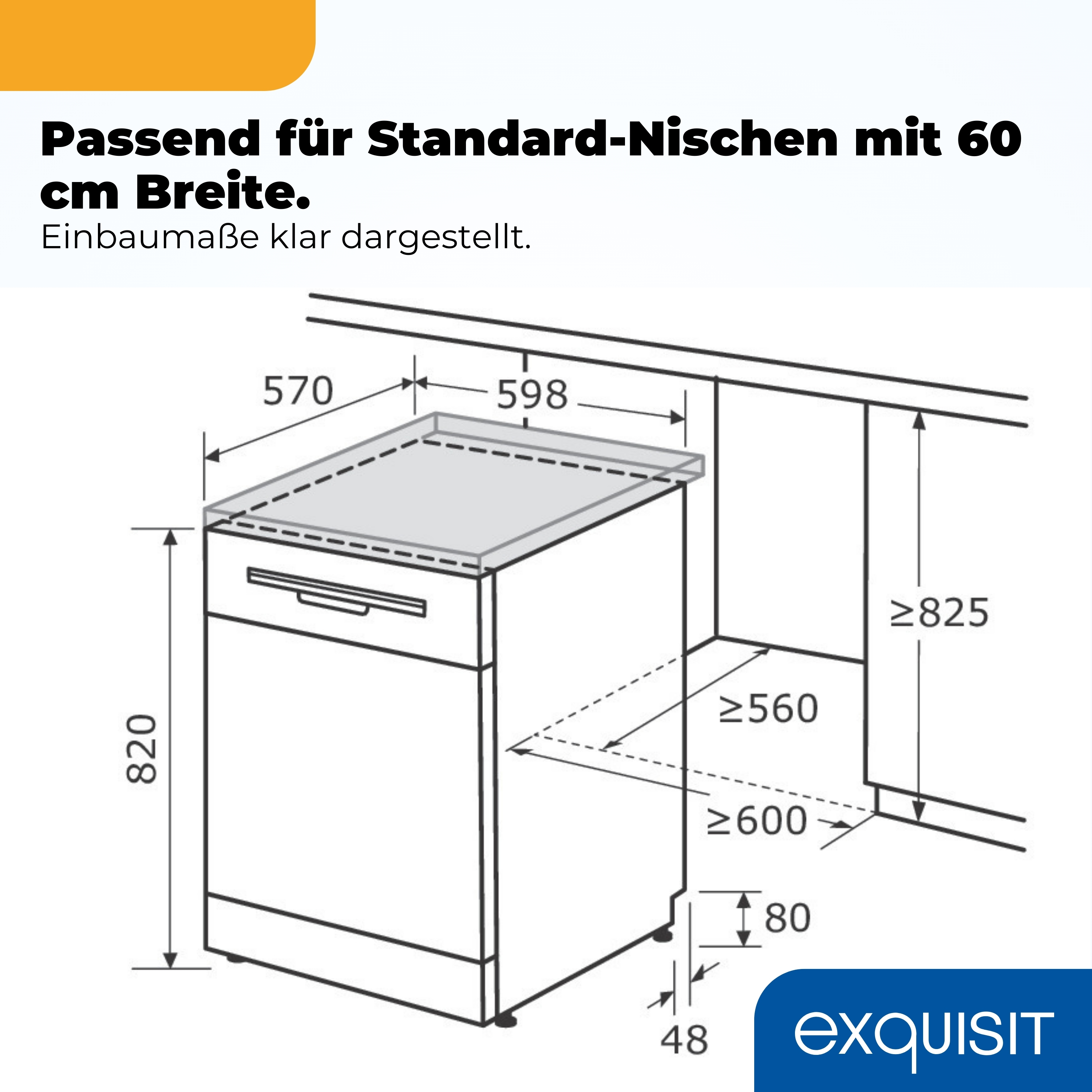 Technische Zeichnung einer Spülmaschine mit Maßen in cm. Höhe 82cm, Breite 59.8cm.