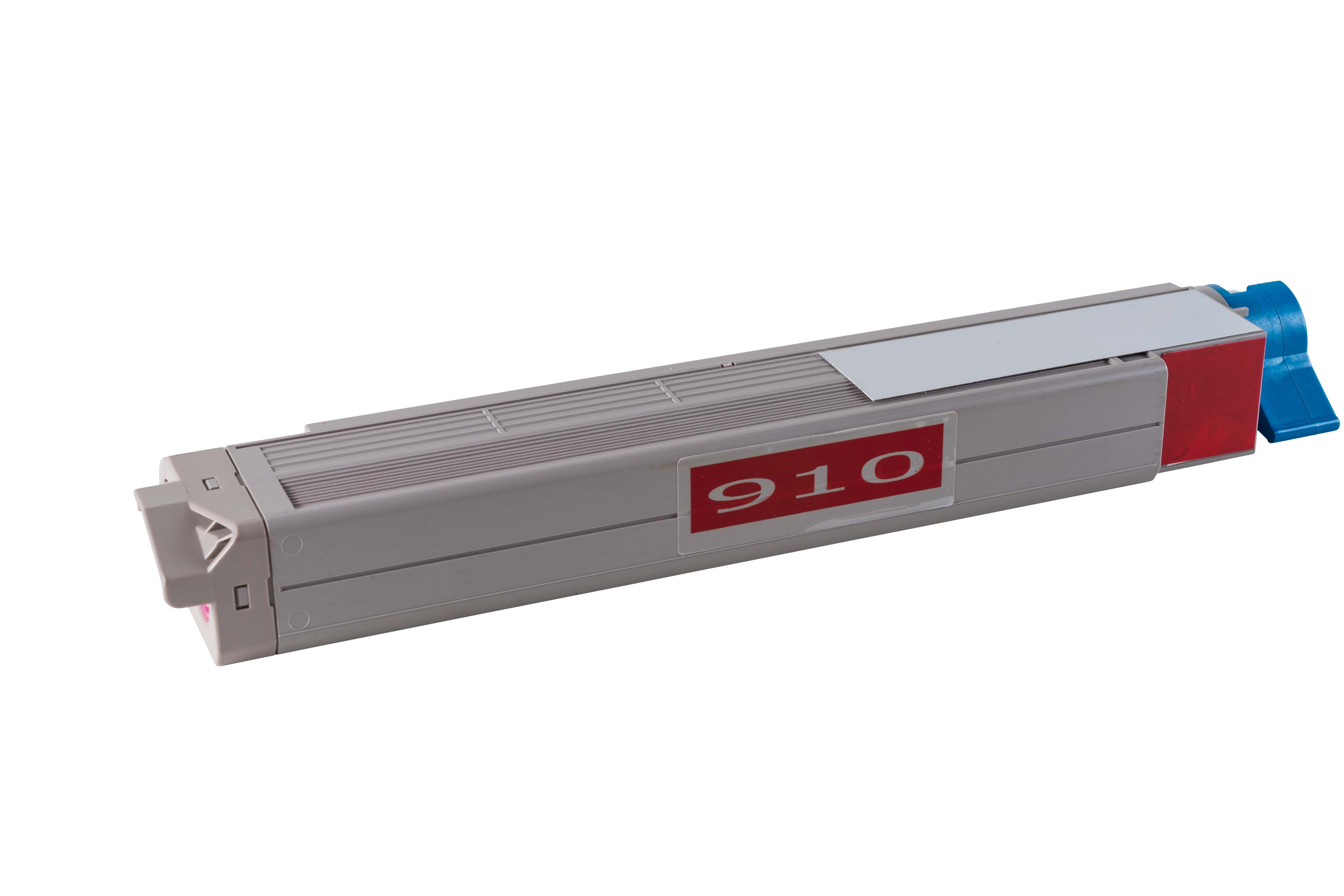 Grauer Tonerpatronen-Chip mit roter Markierung und blauer Lasche, beschriftet mit "910".