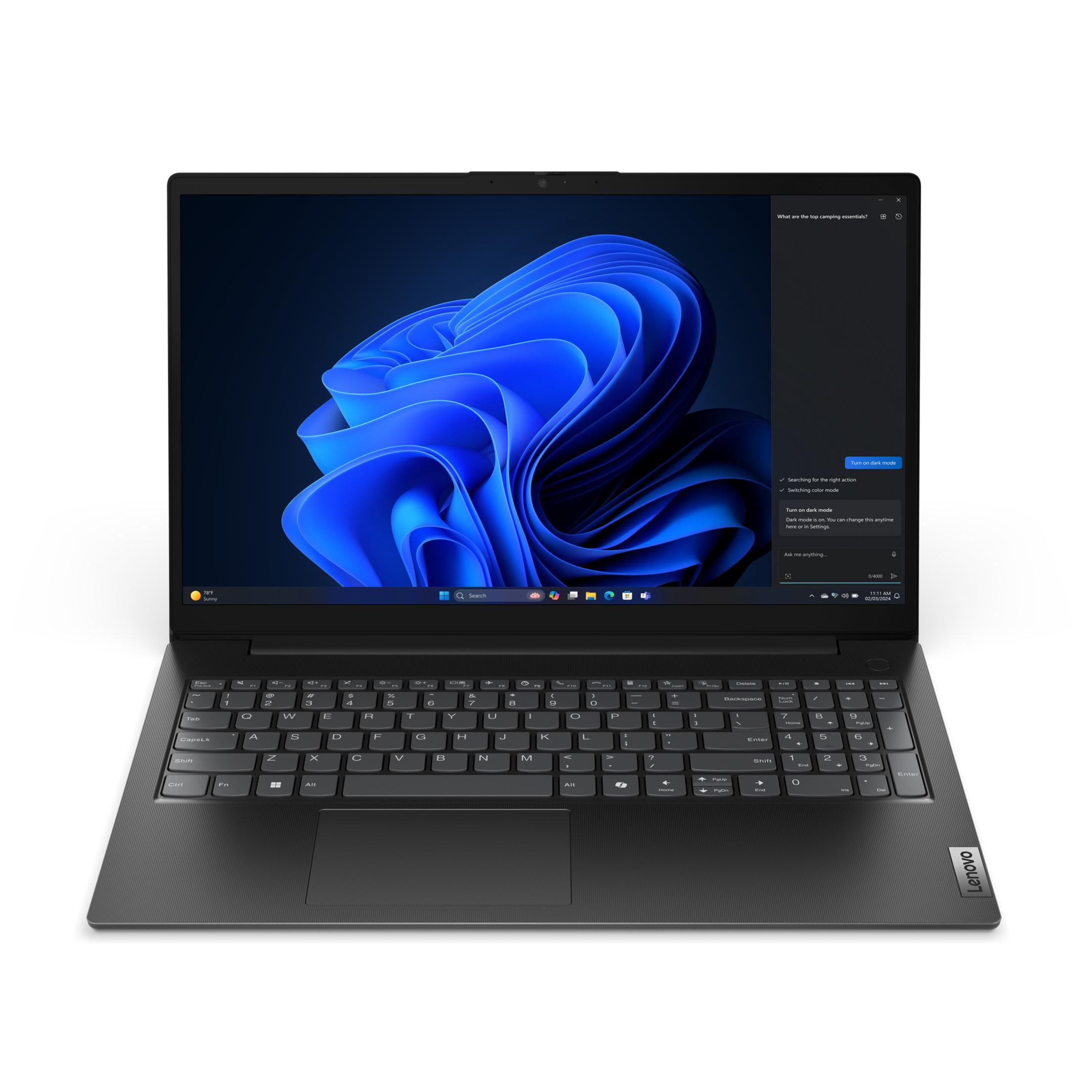Ein grauer Lenovo Laptop mit einem dunklen Hintergrundbild und geöffnetem Suchfenster.