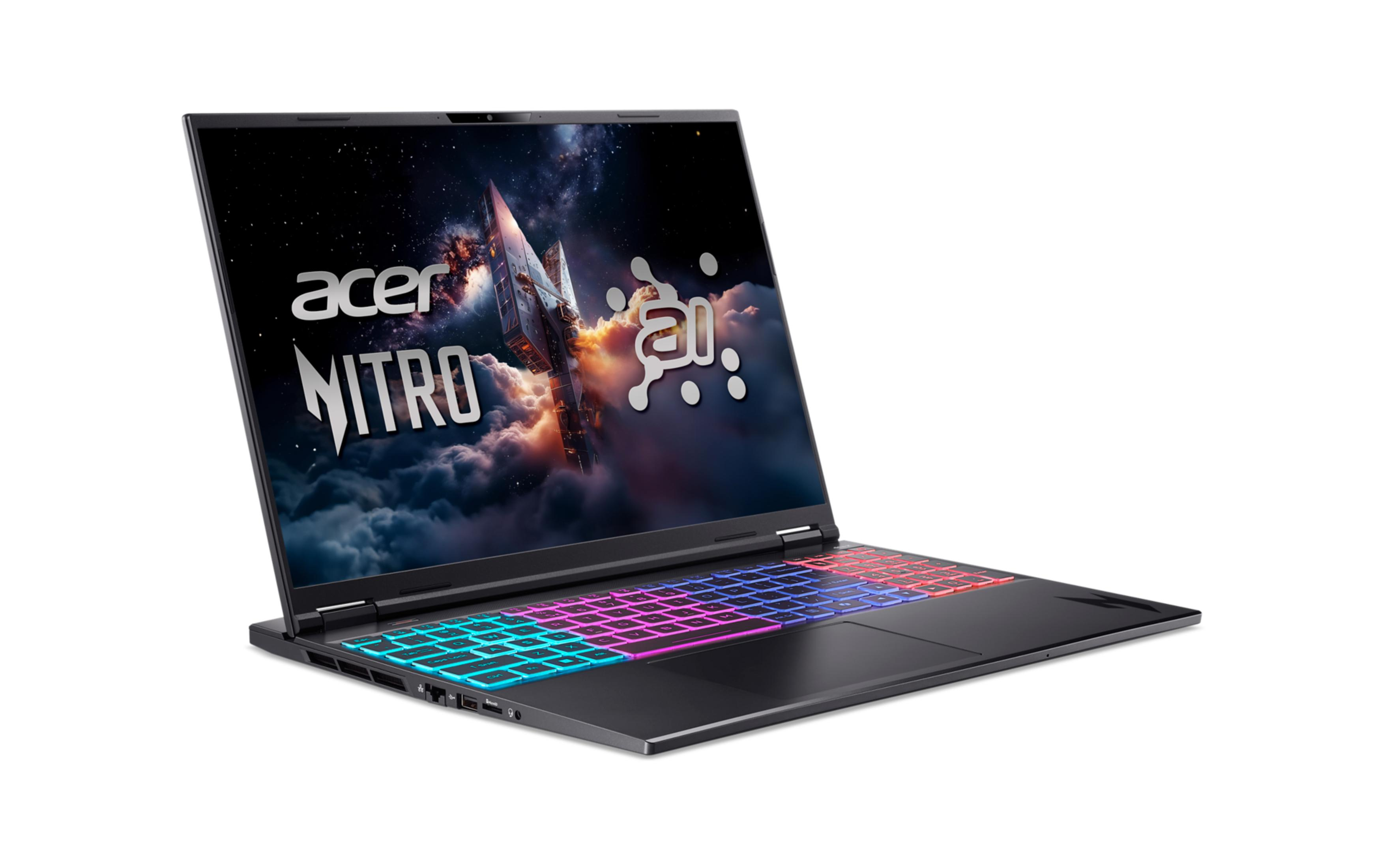 Ein schwarzer Laptop mit beleuchteter Tastatur, der auf einem weißen Hintergrund steht.