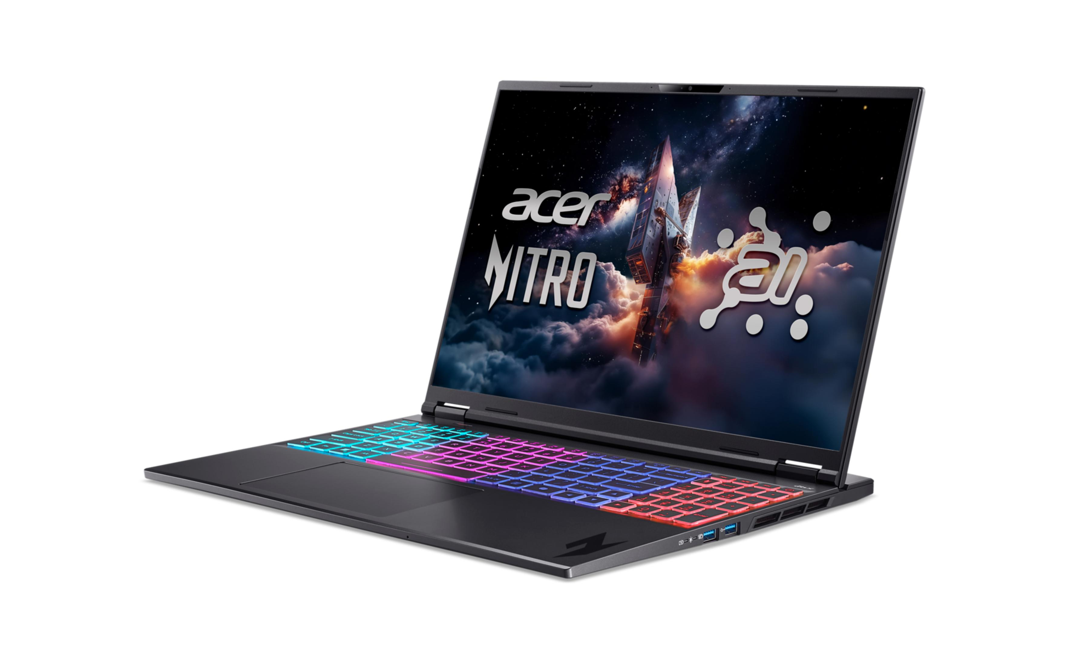 Ein schwarzer Acer Nitro Laptop mit farbiger Tastatur und Weltraumhintergrund.
