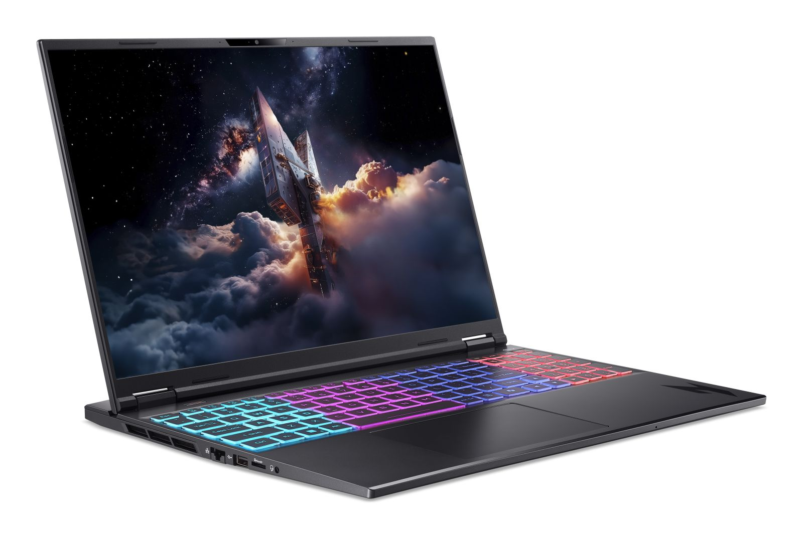 Ein geöffneter Laptop mit einem Weltraumschiff-Hintergrundbild und bunter Tastaturbeleuchtung.