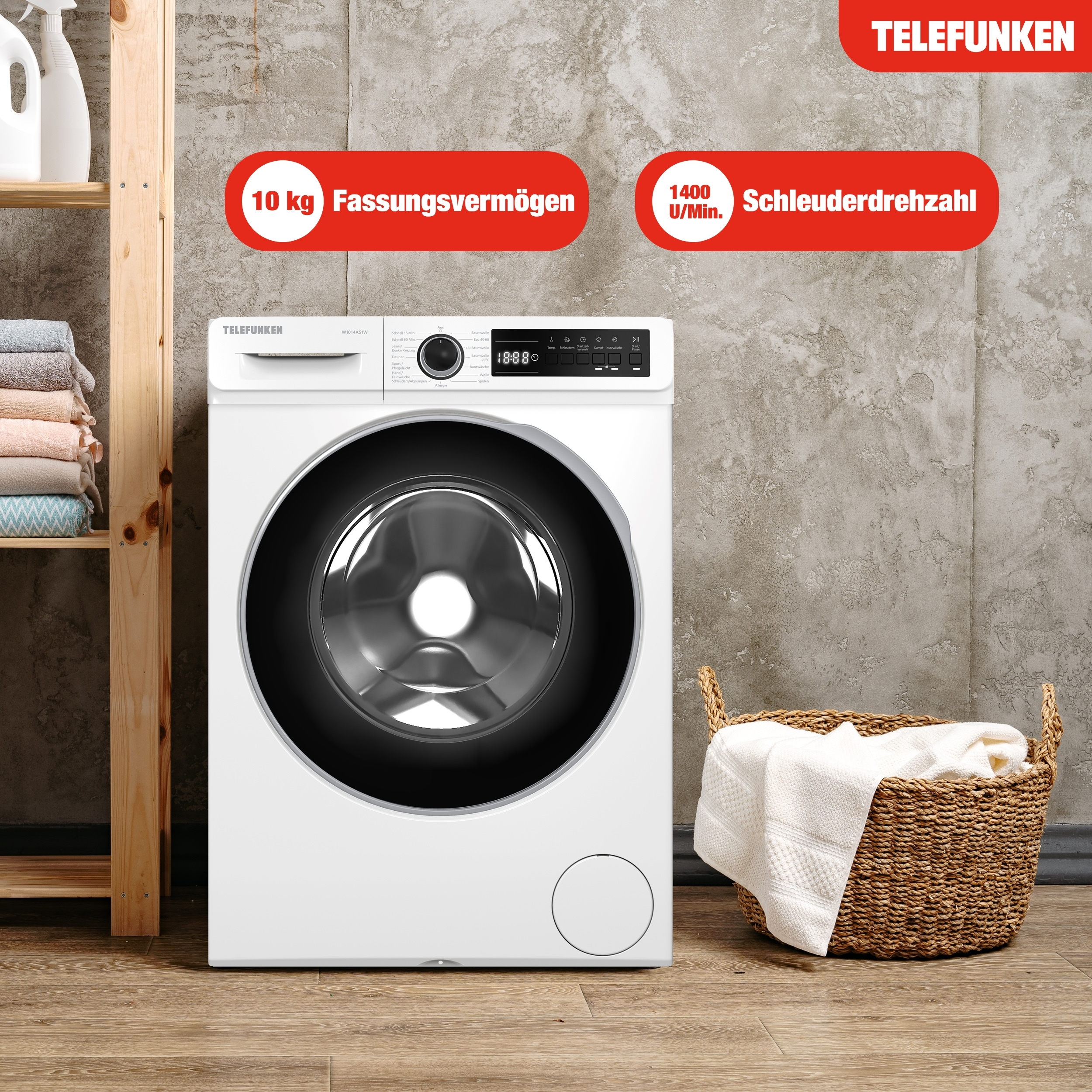 Weiße Telefunken Waschmaschine mit 10 kg Fassungsvermögen und 1400 U/Min.