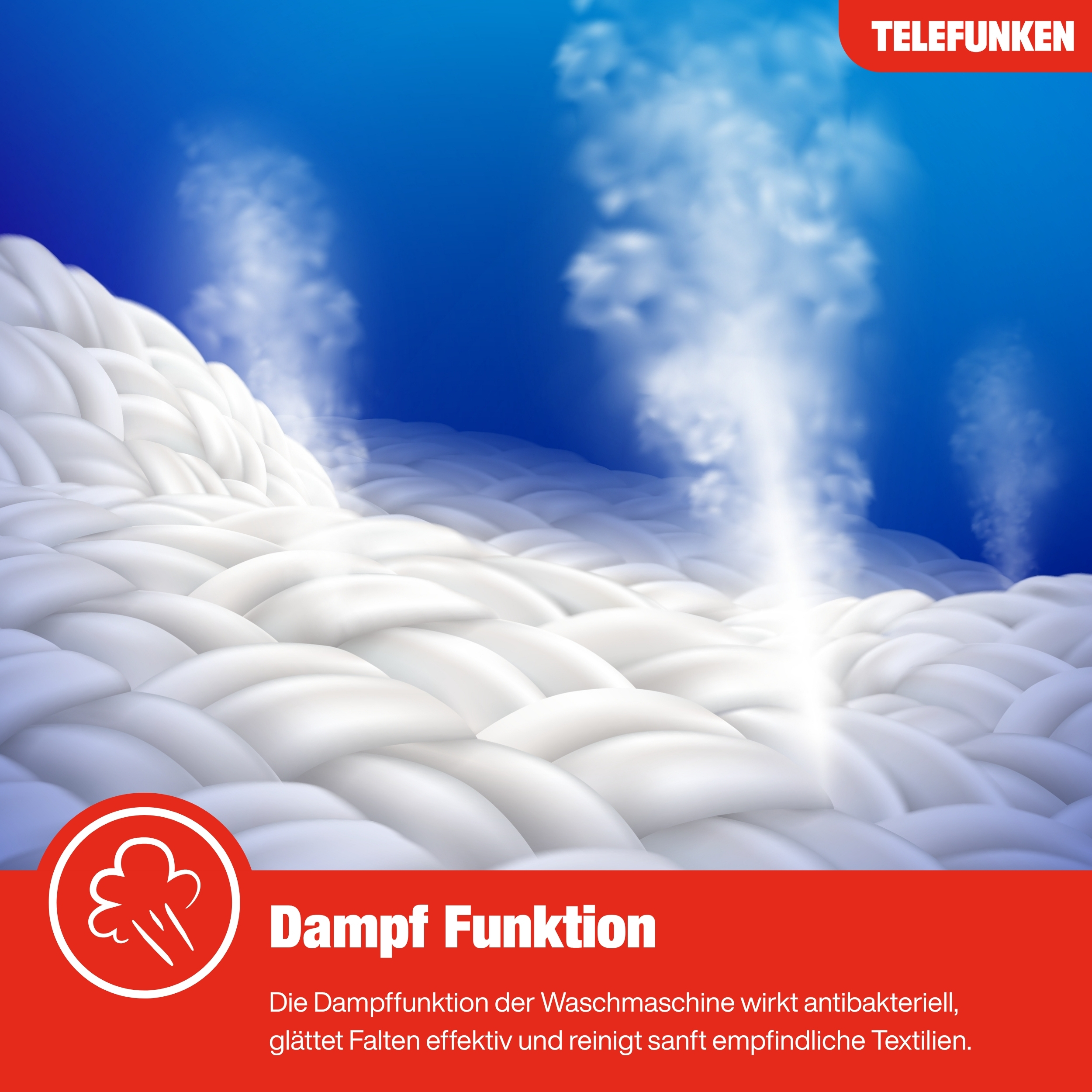 Weiße Textilfasern mit aufsteigendem Dampf vor blauem Himmel.