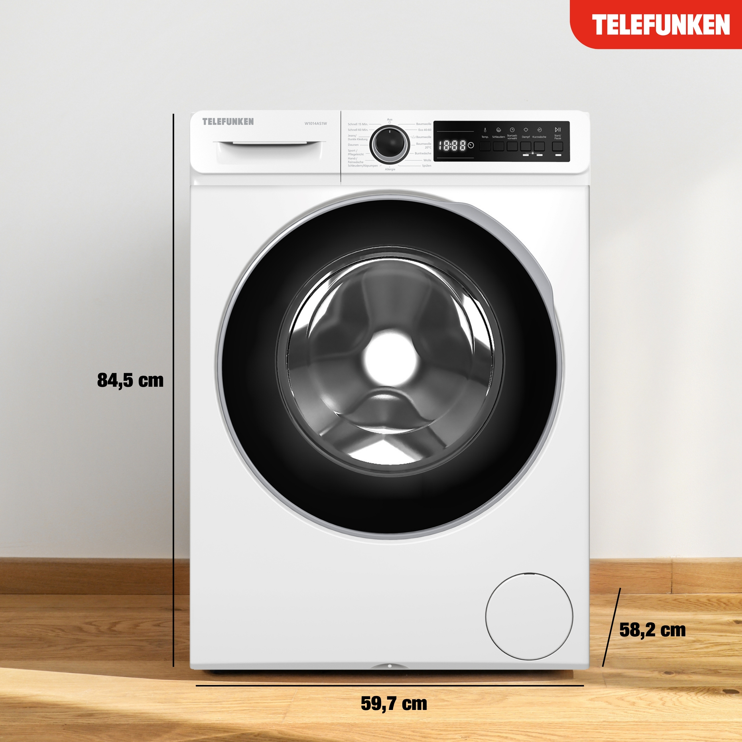 Eine weiße Telefunken Waschmaschine mit silbernem Bullauge und Bedienfeld.