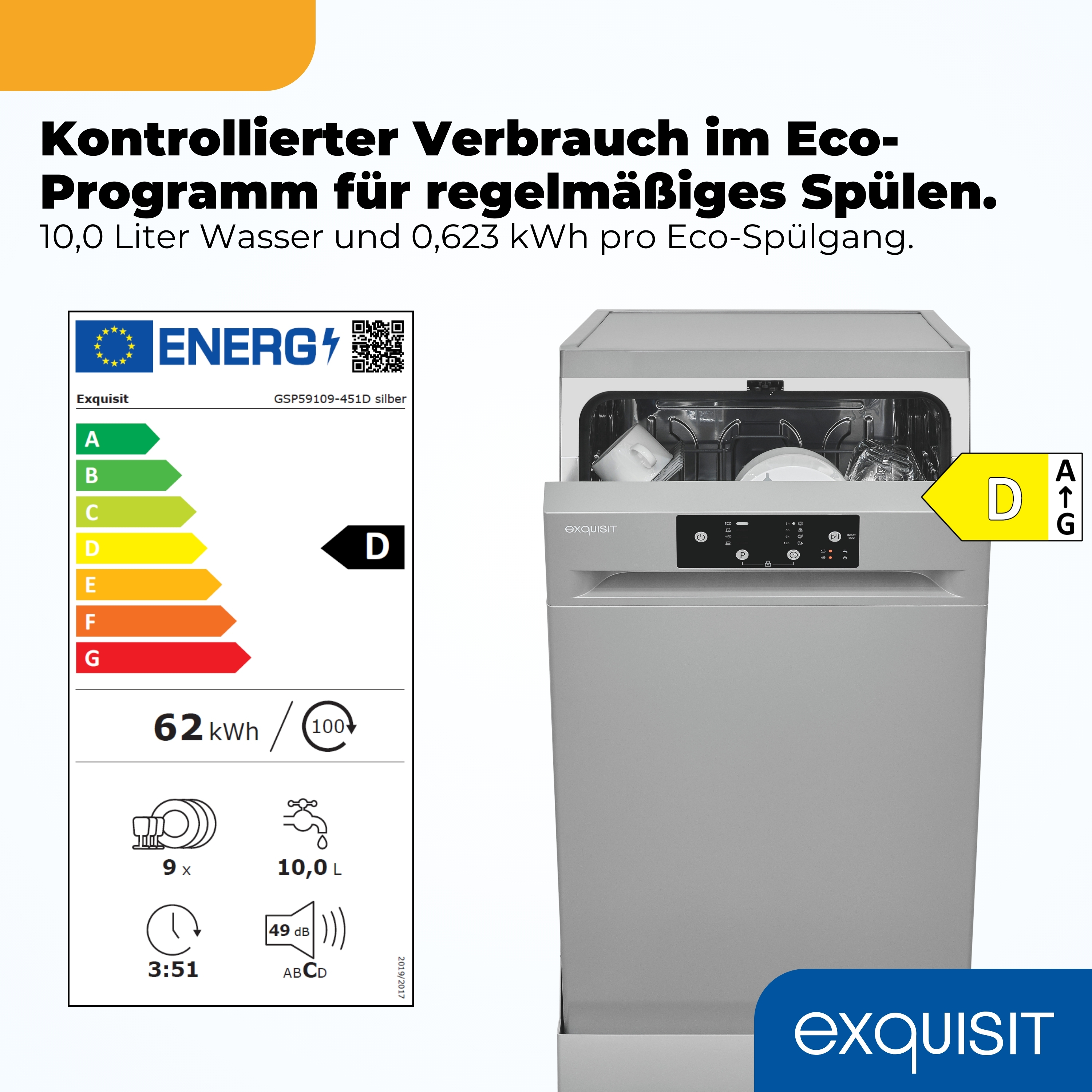 Exquisit Geschirrspüler mit Energieeffizienzklasse D. Zeigt 9 Maßgedecke, 10L Wasser, 62kWh/100 Zyklen.