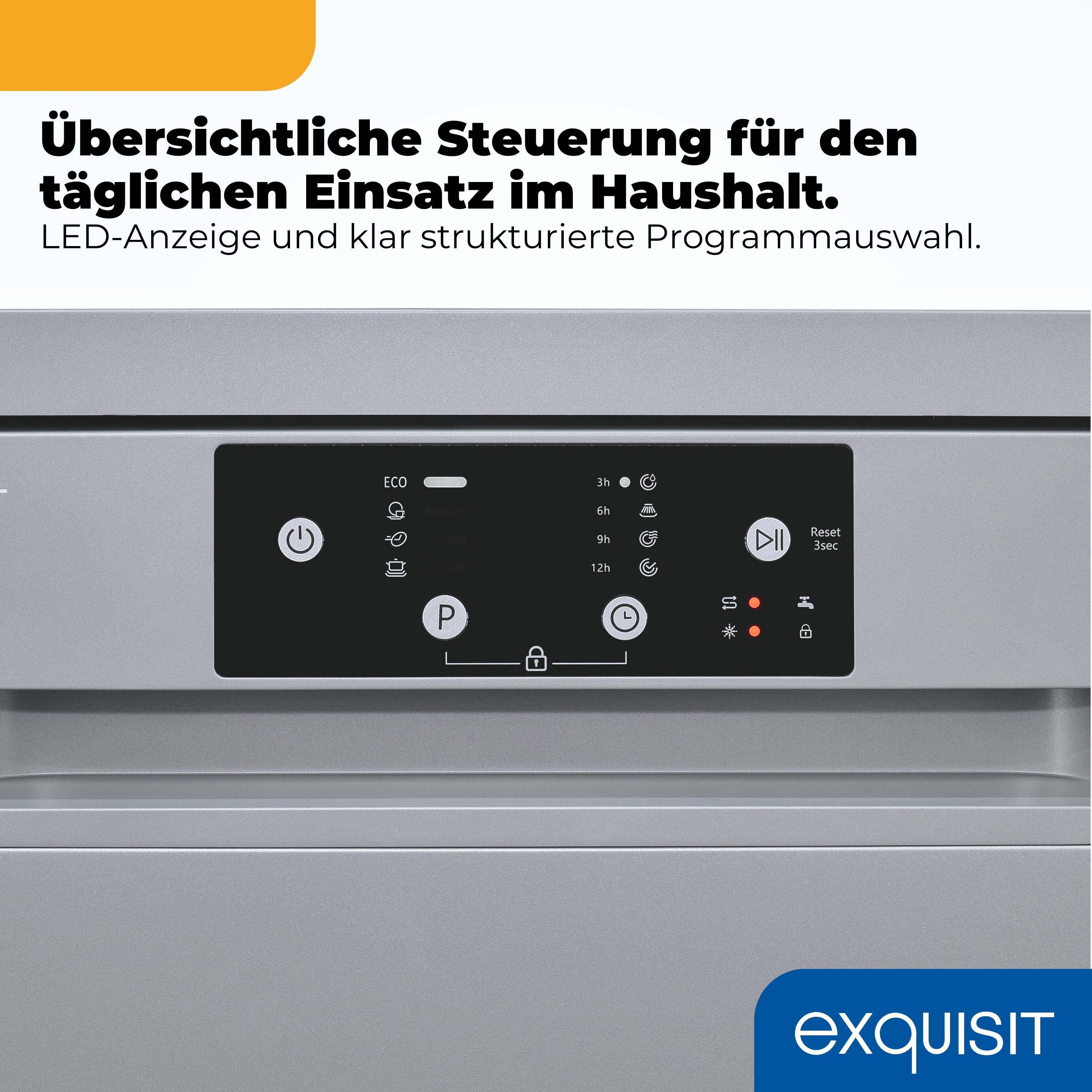 Nahaufnahme des Bedienfelds einer Spülmaschine mit Programmauswahl und LED-Anzeige.