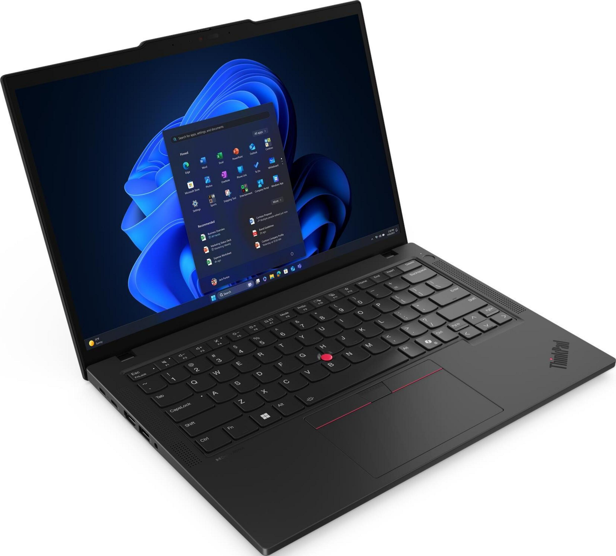 Schwarzer Laptop mit beleuchtetem Bildschirm, der das Windows 11 Startmenü zeigt.