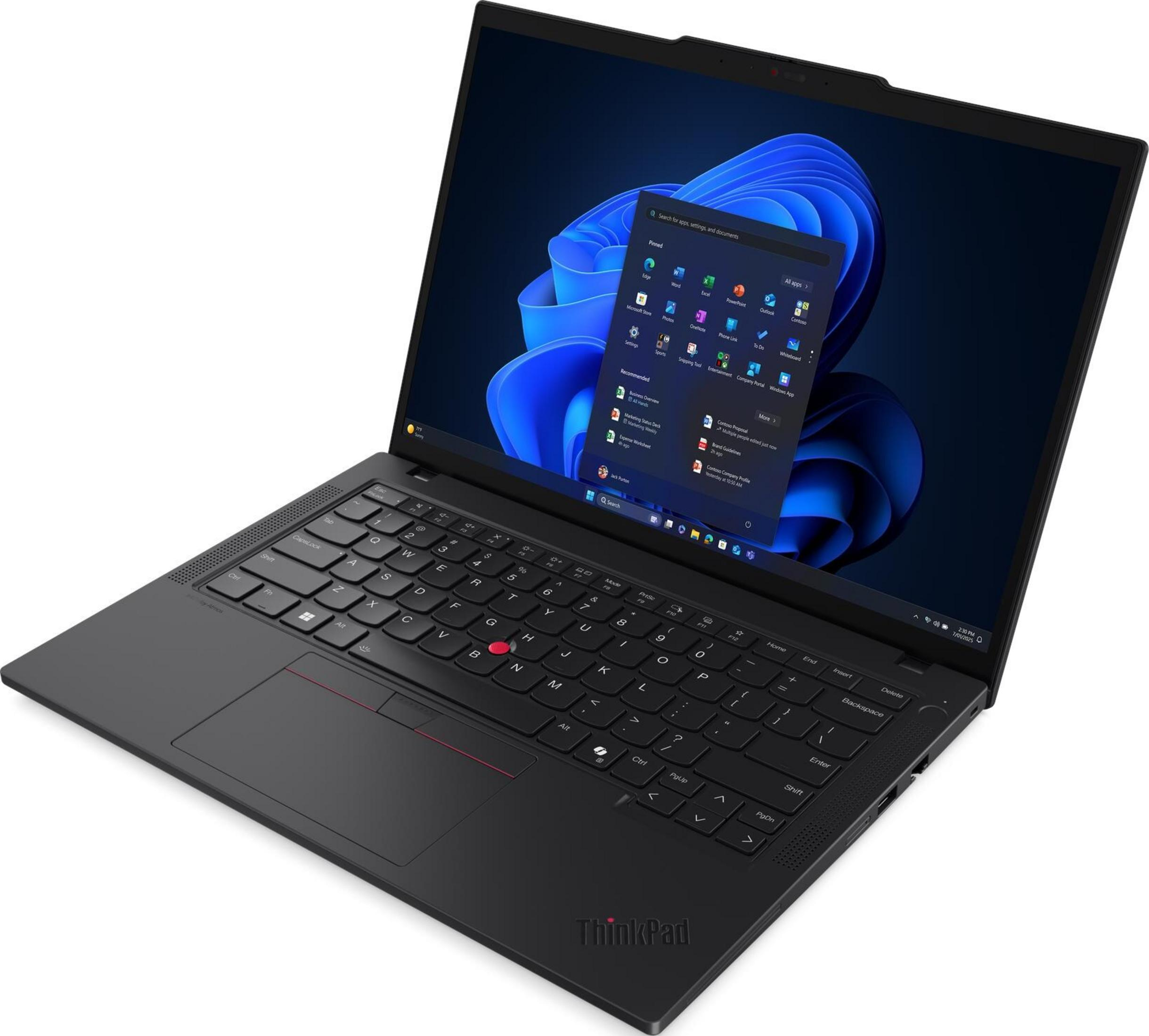 Ein schwarzer Laptop mit geöffnetem Bildschirm, der Windows 11 anzeigt.