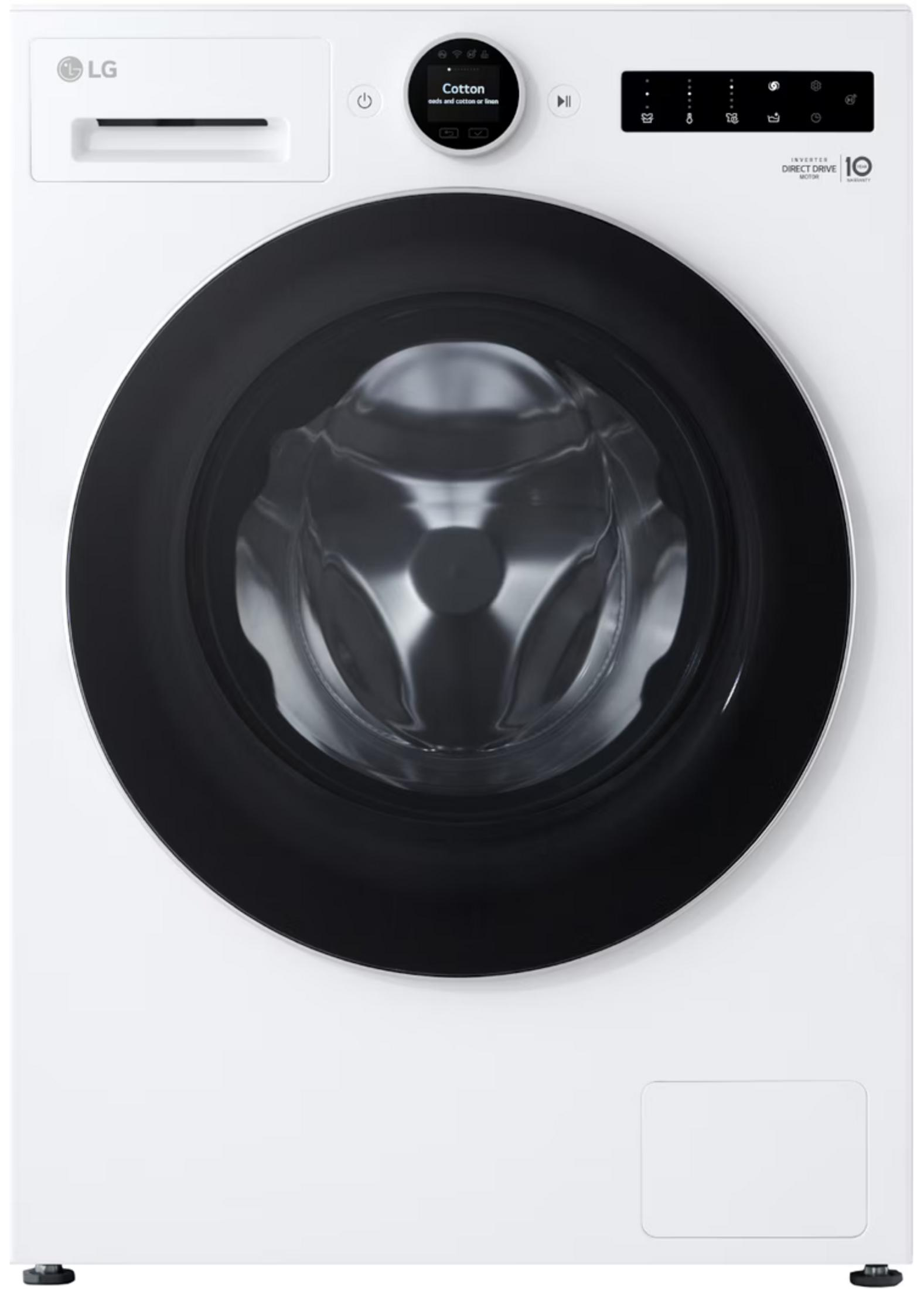 Witte LG wasmachine met zwarte deur en digitaal display.